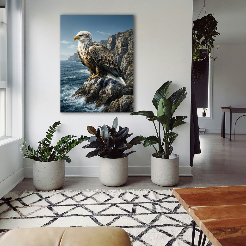 Wandbild Adler Sitzend Steilküste Klippen Meer Illustrationsstil Kunstdruck auf Leinwand