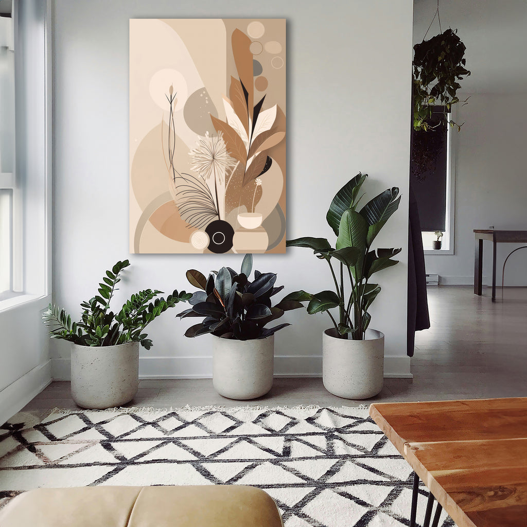 Wandbild Boho Art Schwarze Vase Pusteblume Palmfarn Beige Braun Kunstdruck auf Leinwand