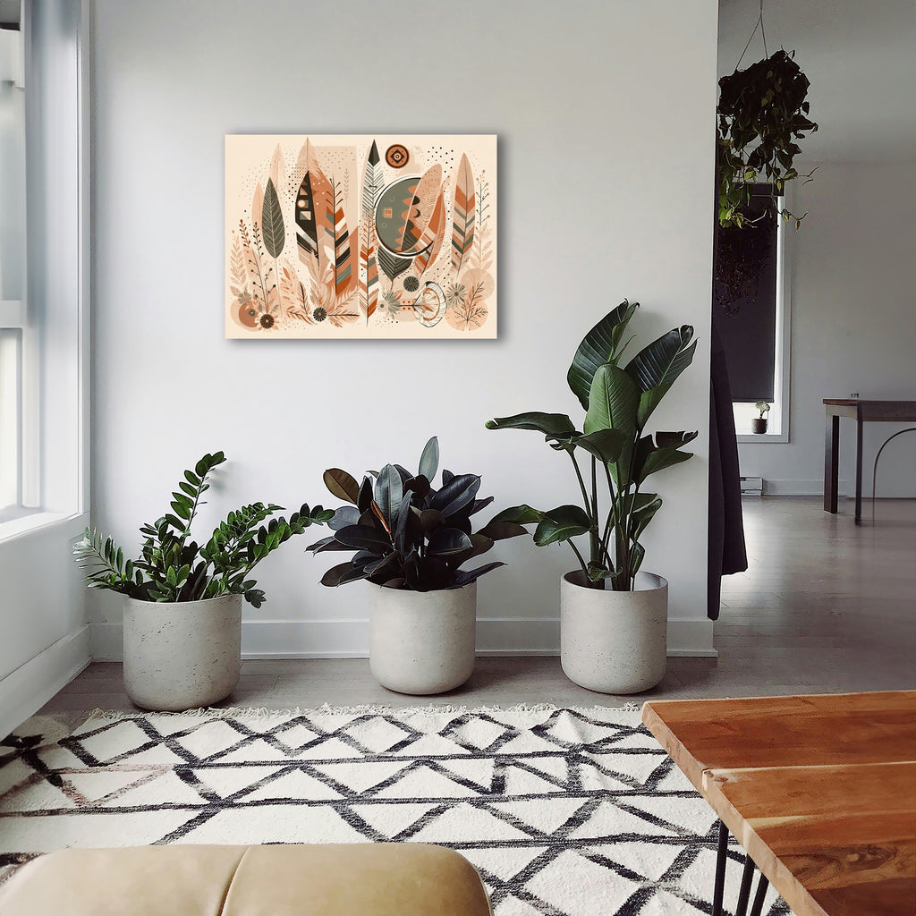 Wandbild Boho Art Federn Geometrisch Mond Terrakotta Grau Illustrationsstil Kunstdruck auf Leinwand