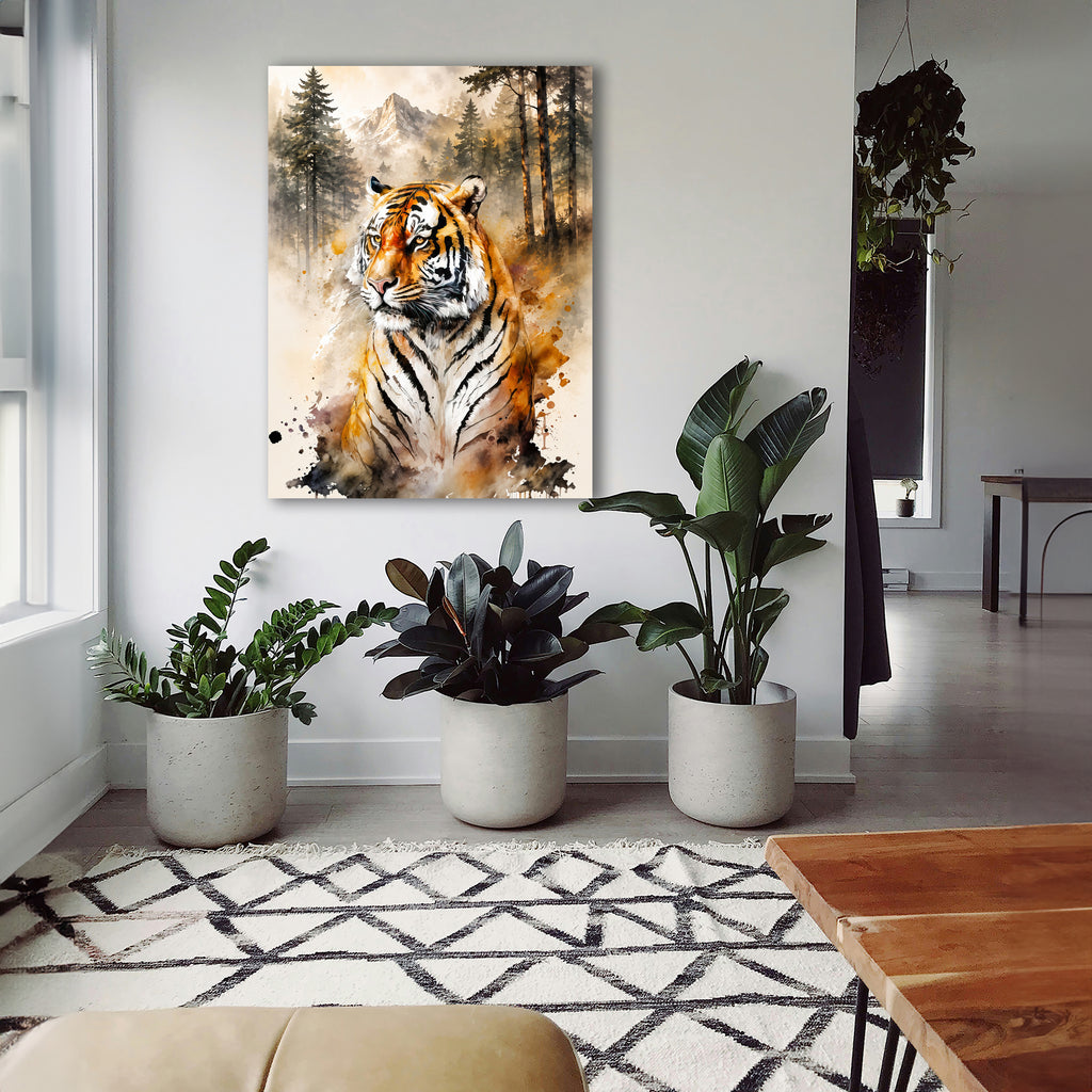 Wandbild Tiger Aquarell Nadelwald Bergkulisse Nr. 1 Kunstdruck auf Leinwand