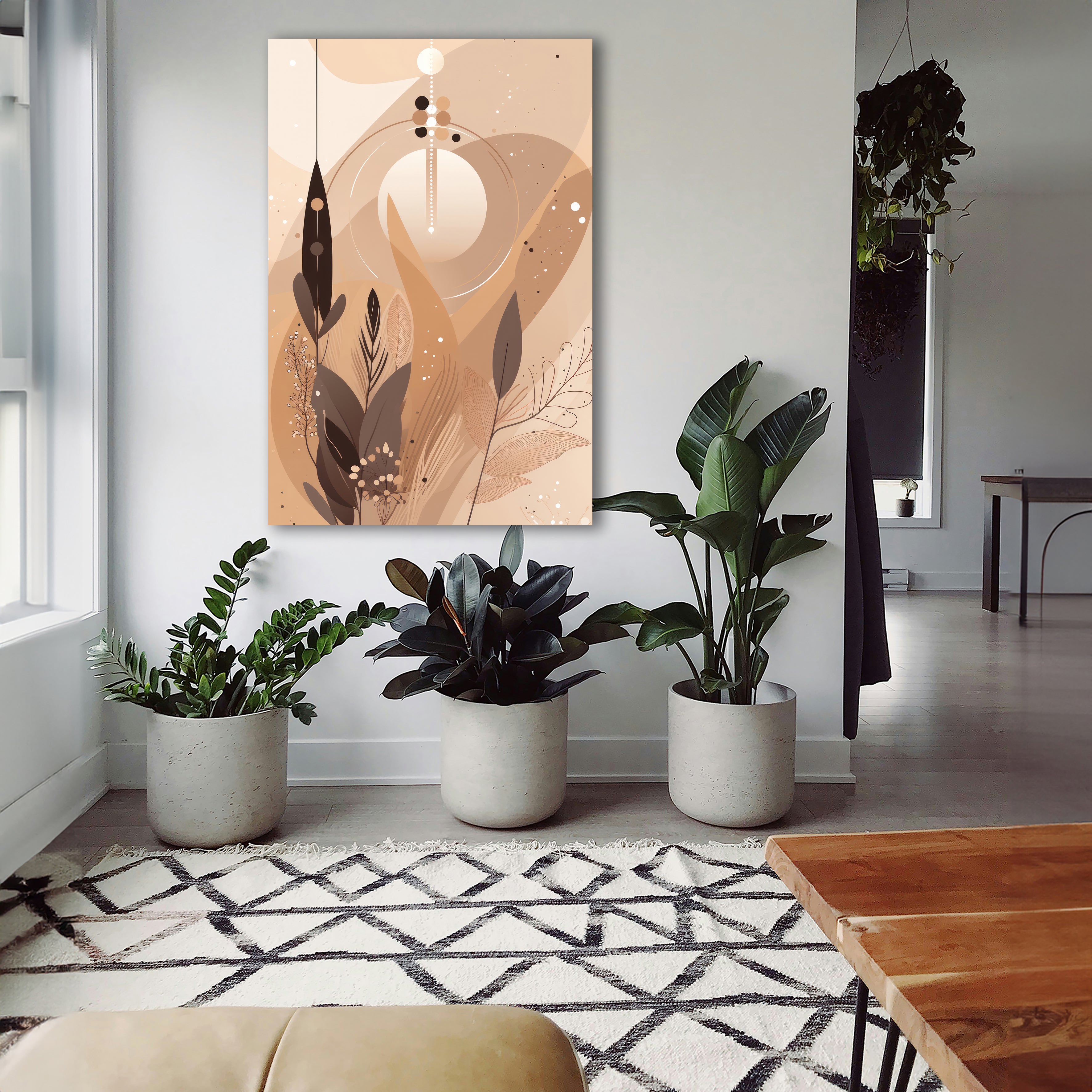 Wandbild Boho Art Mond Blätter Federn Mystisch Beige Braun Kunstdruck auf Leinwand