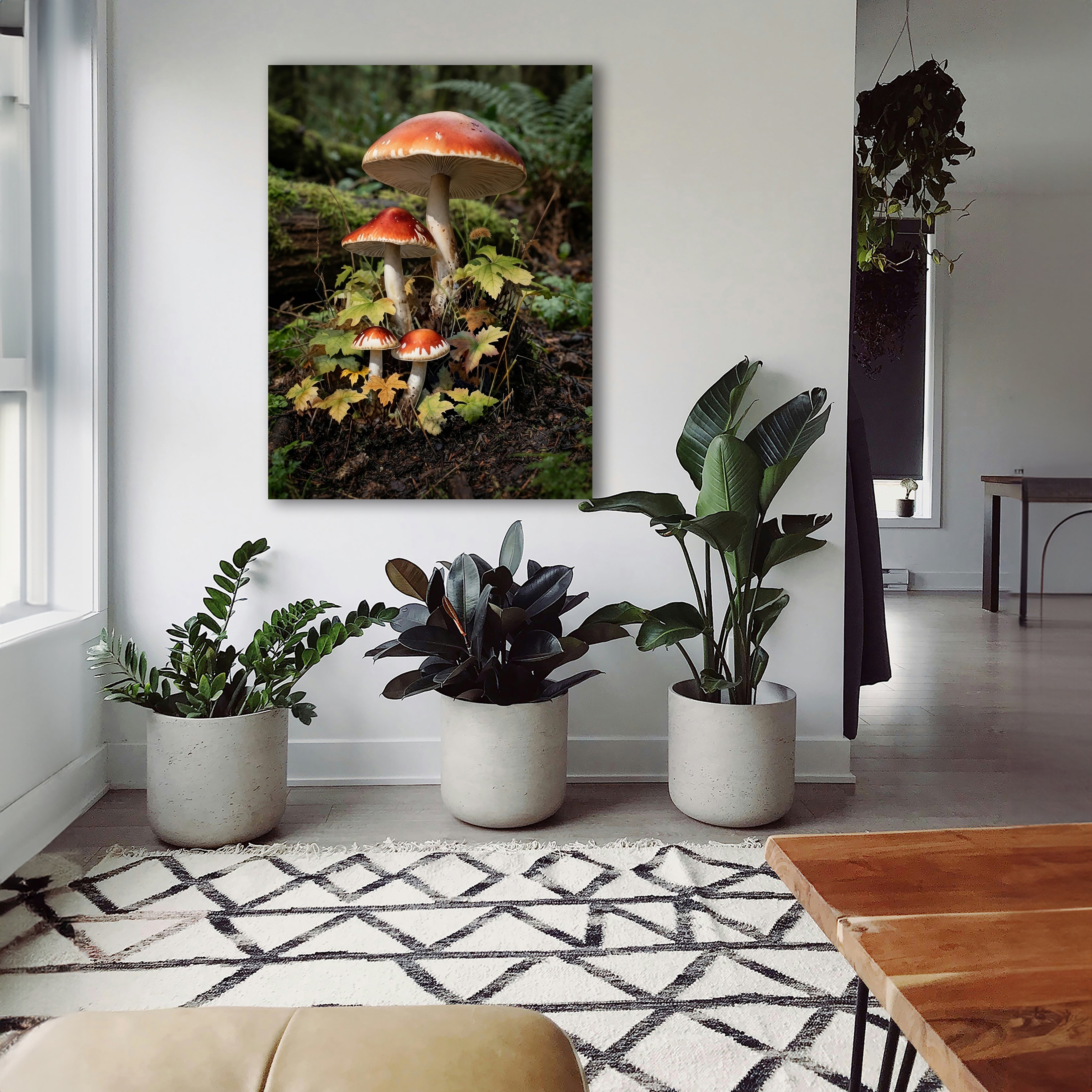 Wandbild Waldpilz Vier Pilze Herbstlaub Farne Waldboden Kunstdruck auf Leinwand
