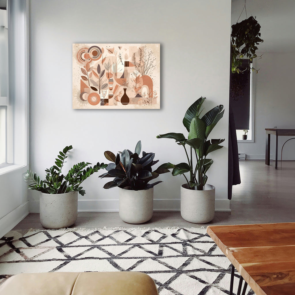 Wandbild Boho Art Abstrakt Collage Fuchs Vase Zweige Beige Rosa Illustrationsstil Kunstdruck auf Leinwand