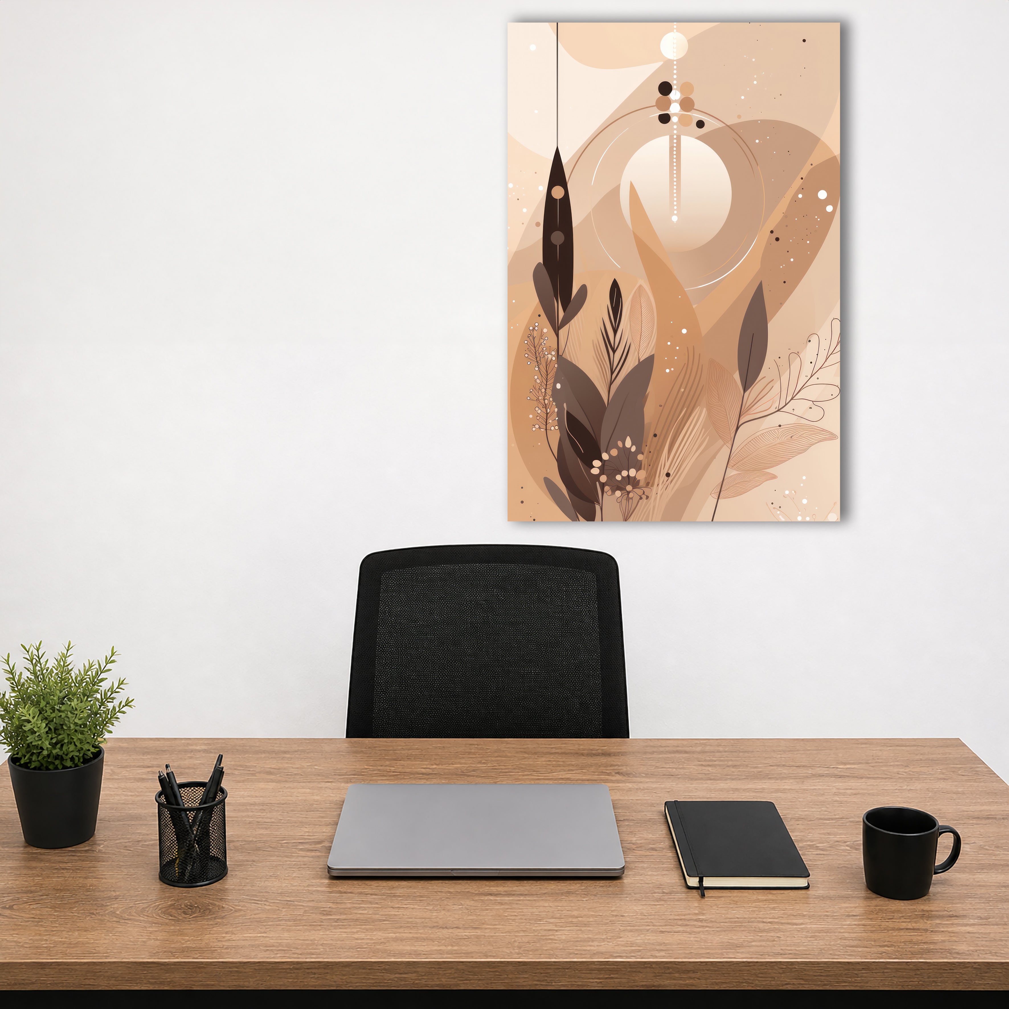 Wandbild Boho Art Mond Blätter Federn Mystisch Beige Braun Kunstdruck auf Leinwand