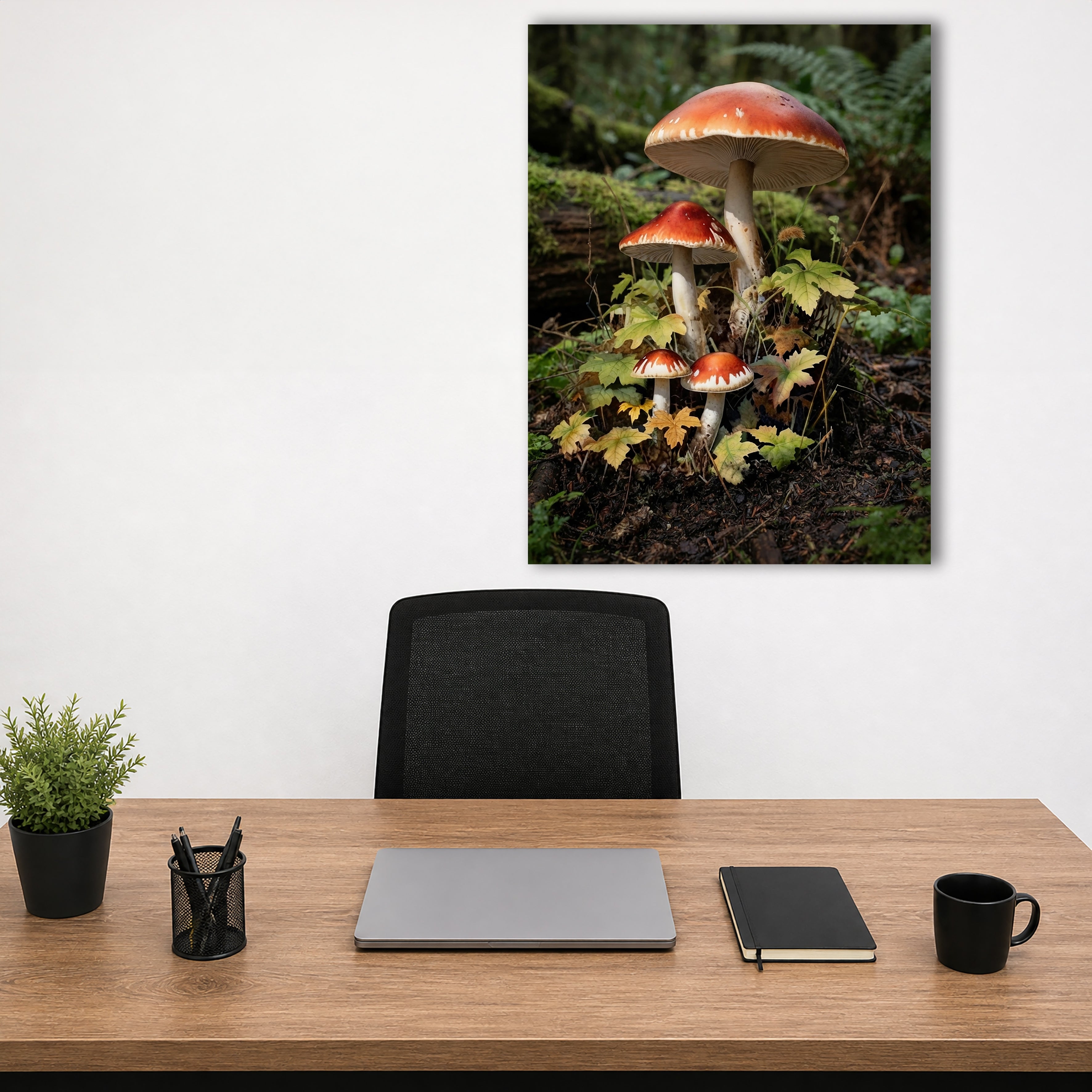 Wandbild Waldpilz Vier Pilze Herbstlaub Farne Waldboden Kunstdruck auf Leinwand