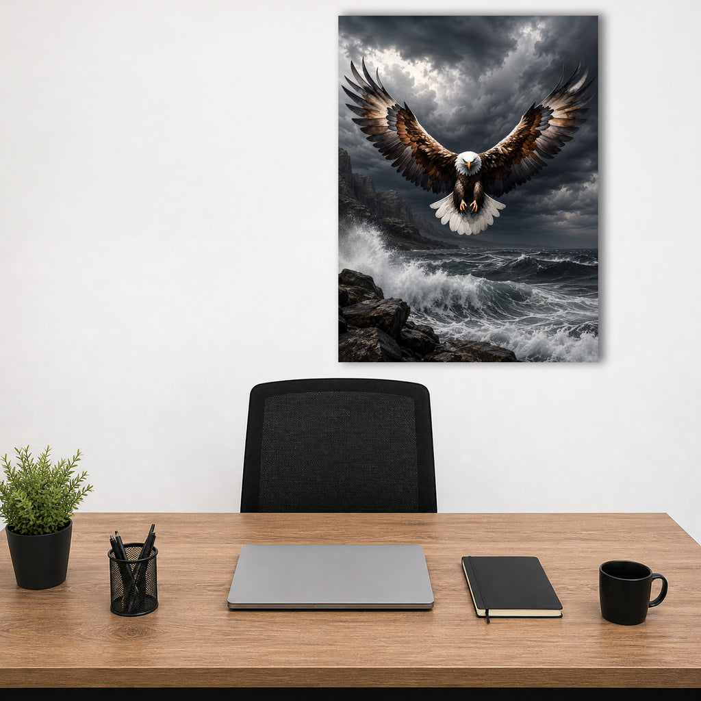 Wandbild Adler Frontalflug Sturmküste Felsen Brandung Kunstdruck auf Leinwand