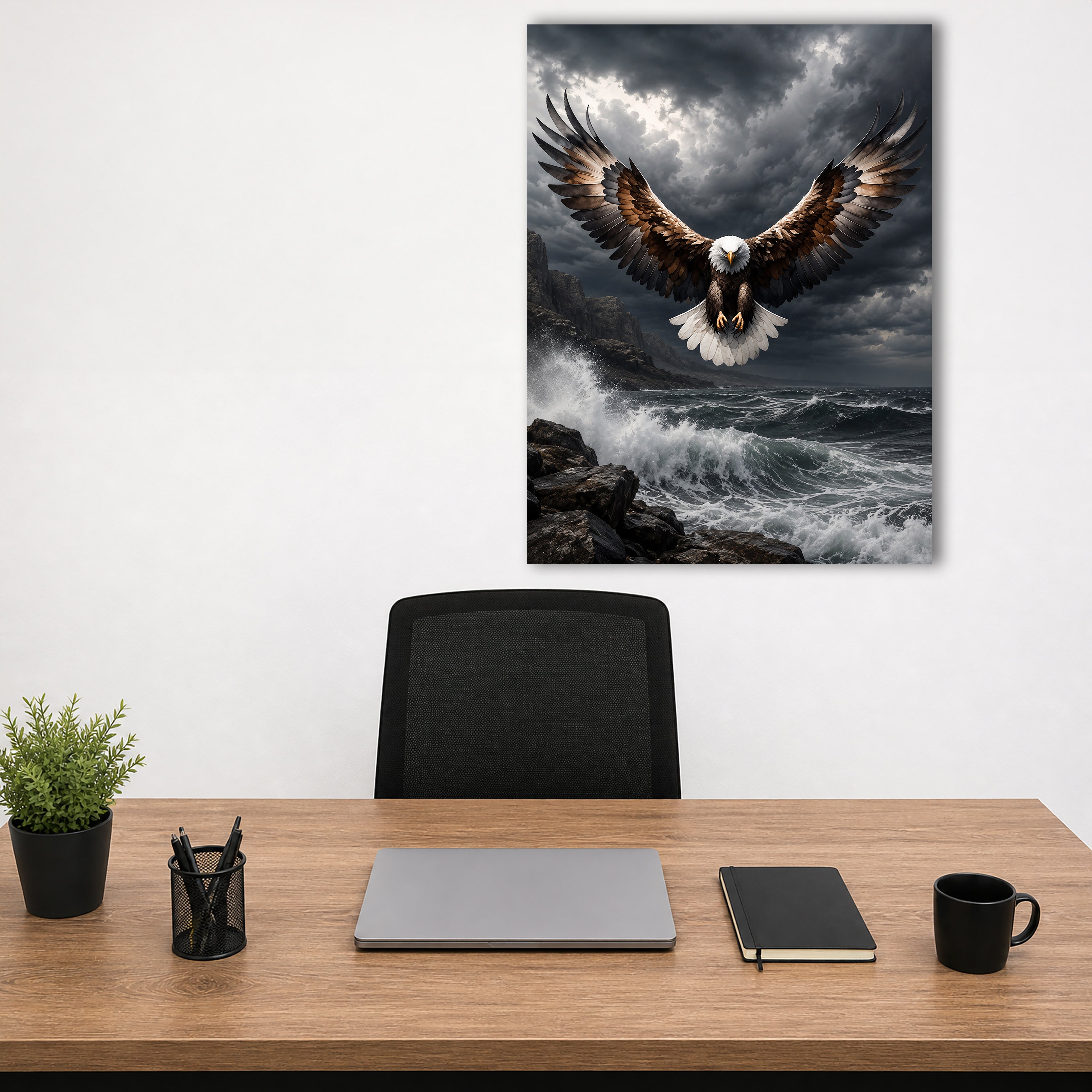 Wandbild Adler Frontalflug Sturmküste Felsen Brandung Kunstdruck auf Leinwand