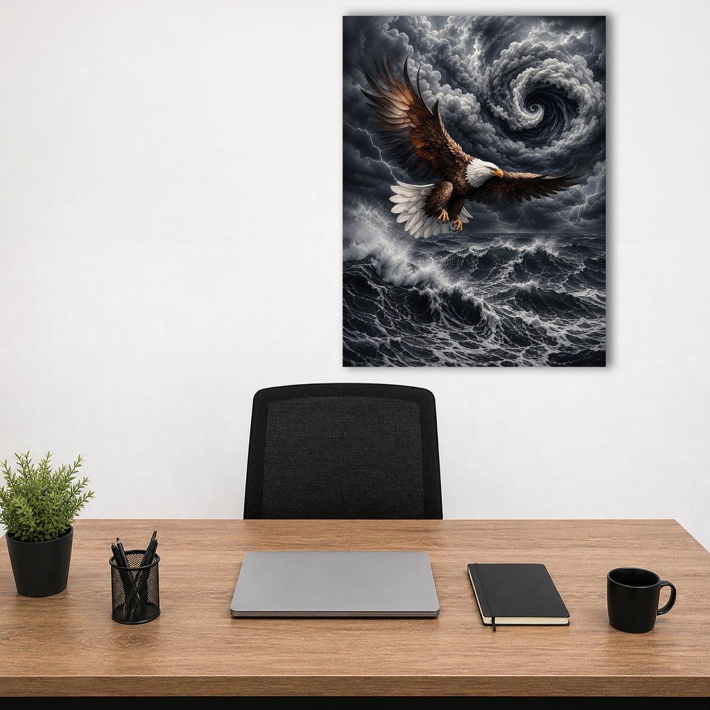 Wandbild Adler Seitenflug Wirbelsturm Blitze Hochsee Brandung Kunstdruck auf Leinwand
