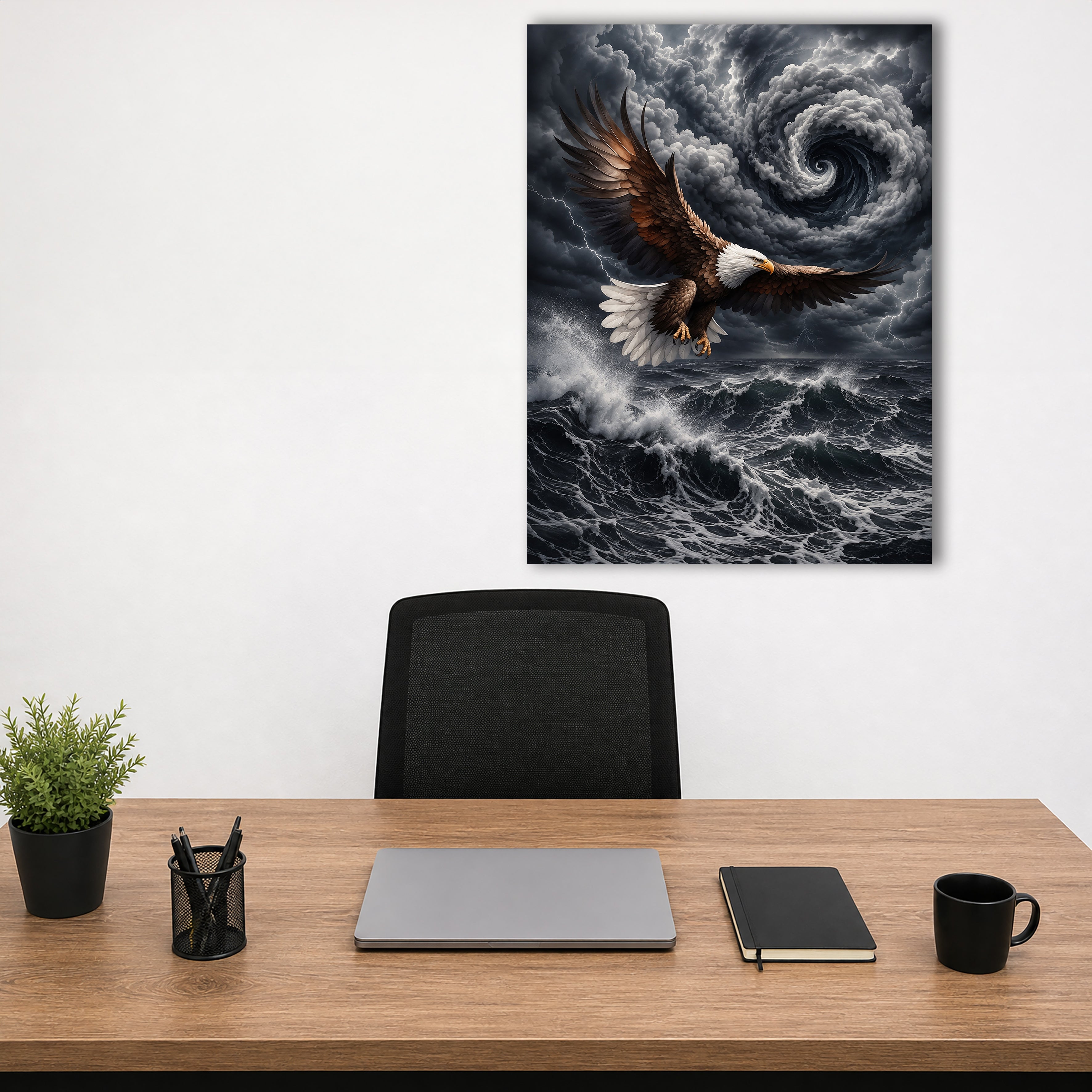 Wandbild Adler Seitenflug Wirbelsturm Blitze Hochsee Brandung Kunstdruck auf Leinwand