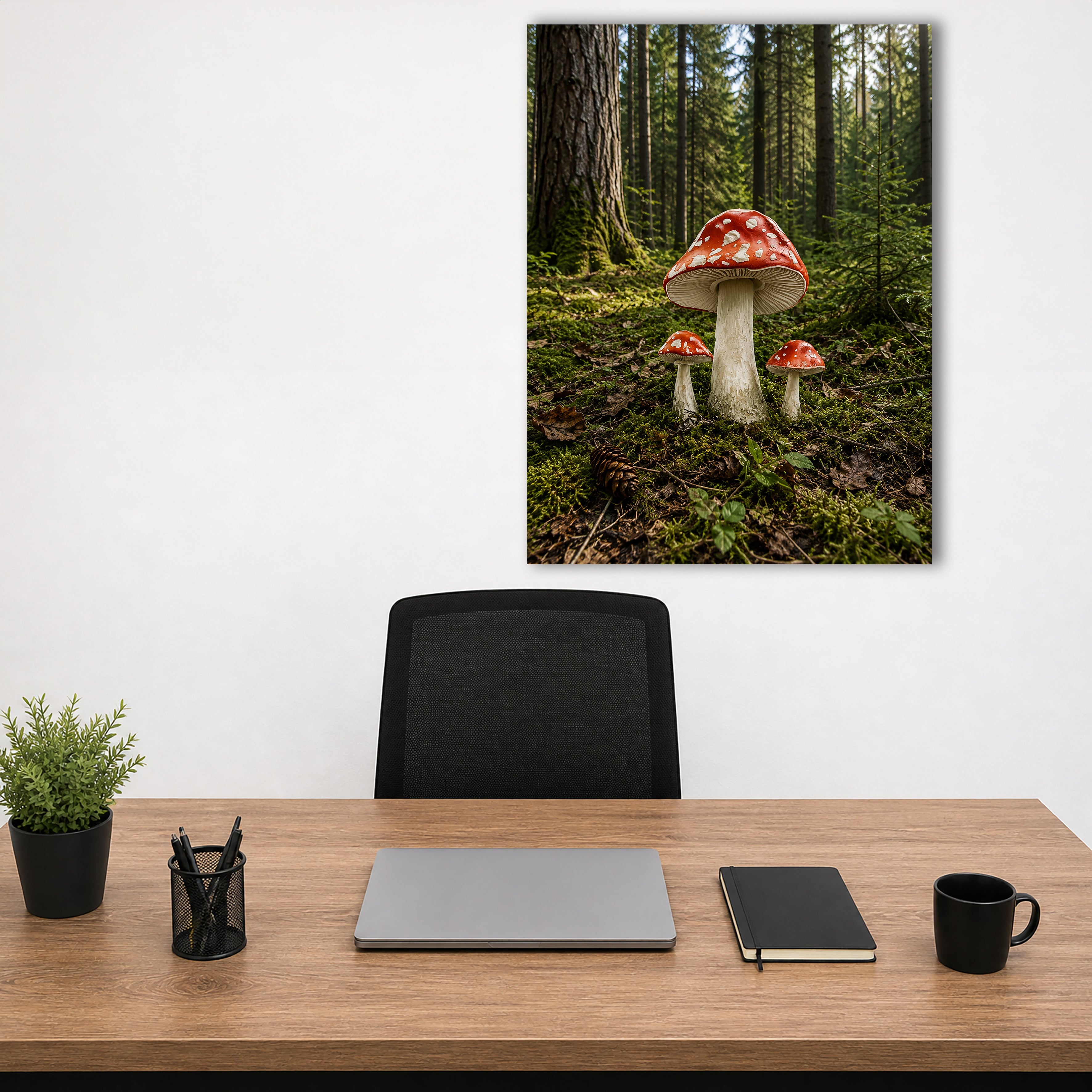 Wandbild Waldpilz Drei Fliegenpilze Moosiger Waldboden Nadelwald Kunstdruck auf Leinwand