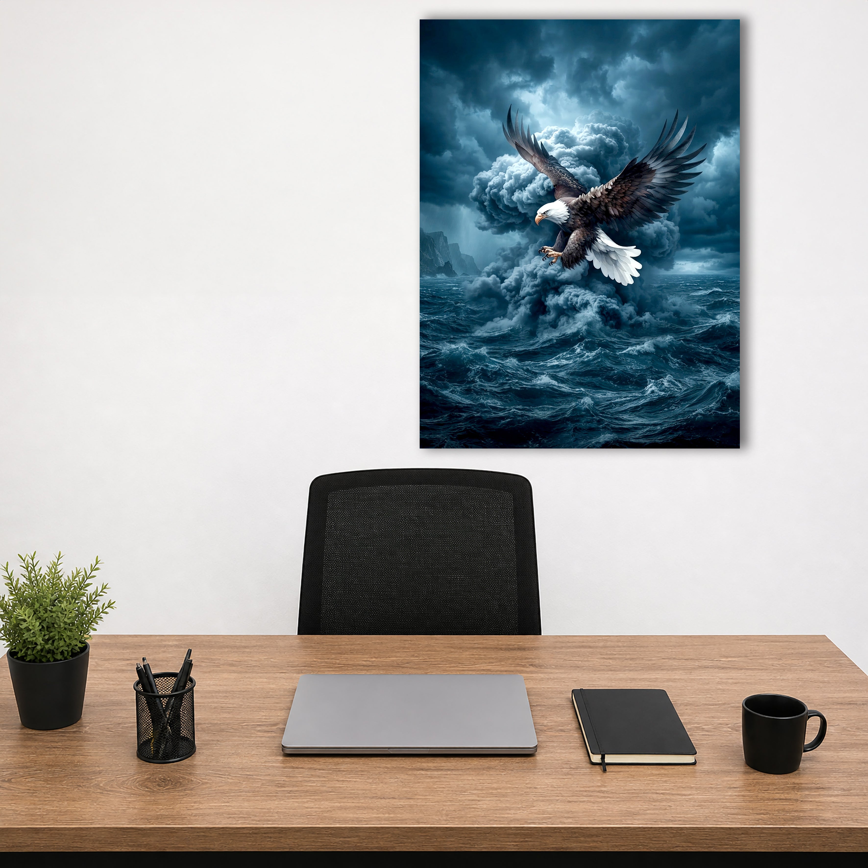 Wandbild Adler Seitenflug Sturmwolke Hochsee Brandung Blaue Stimmung Kunstdruck auf Leinwand