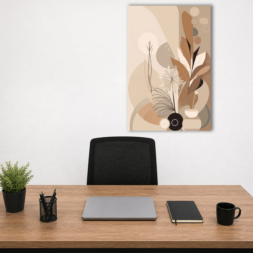 Wandbild Boho Art Schwarze Vase Pusteblume Palmfarn Beige Braun Kunstdruck auf Leinwand