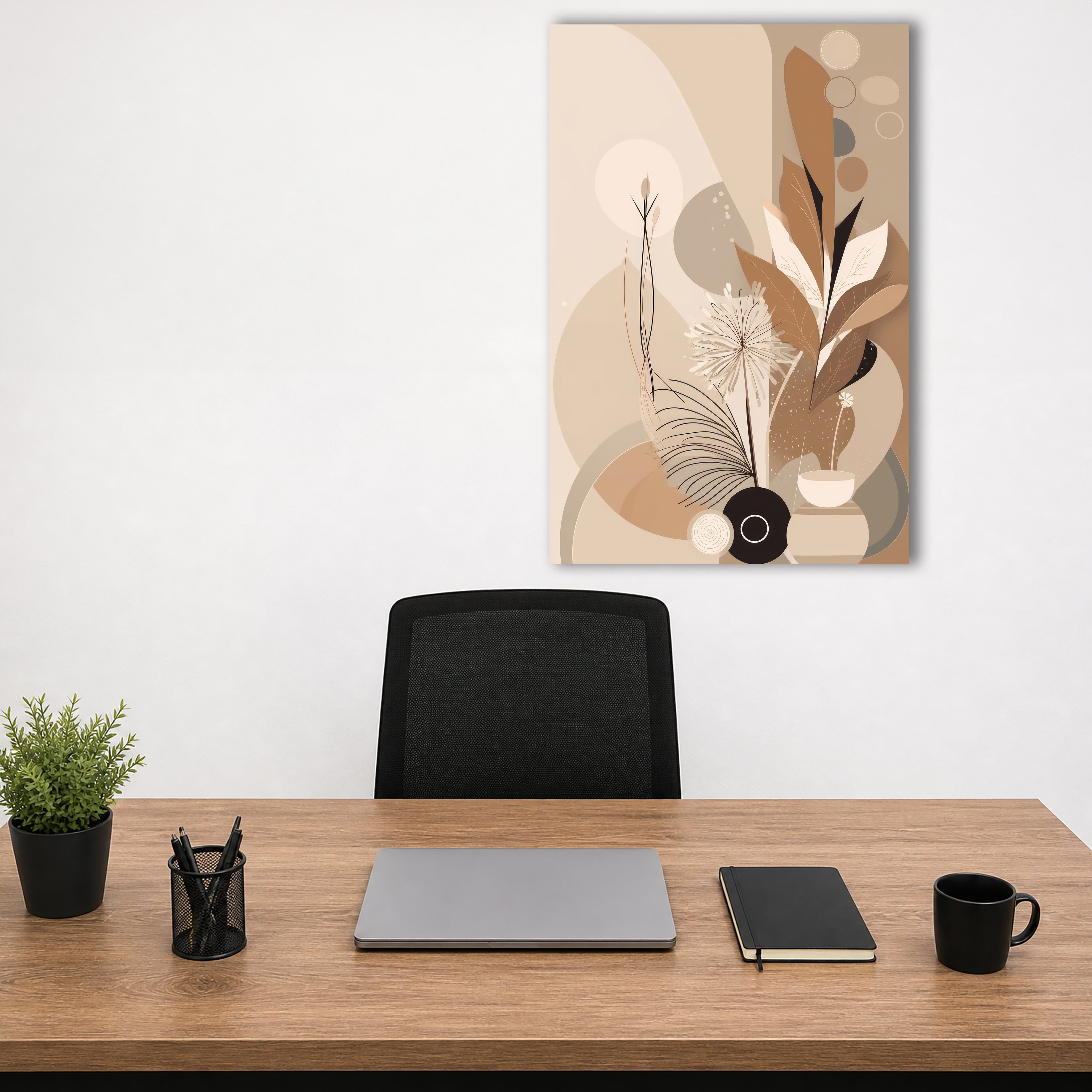 Wandbild Boho Art Schwarze Vase Pusteblume Palmfarn Beige Braun Kunstdruck auf Leinwand