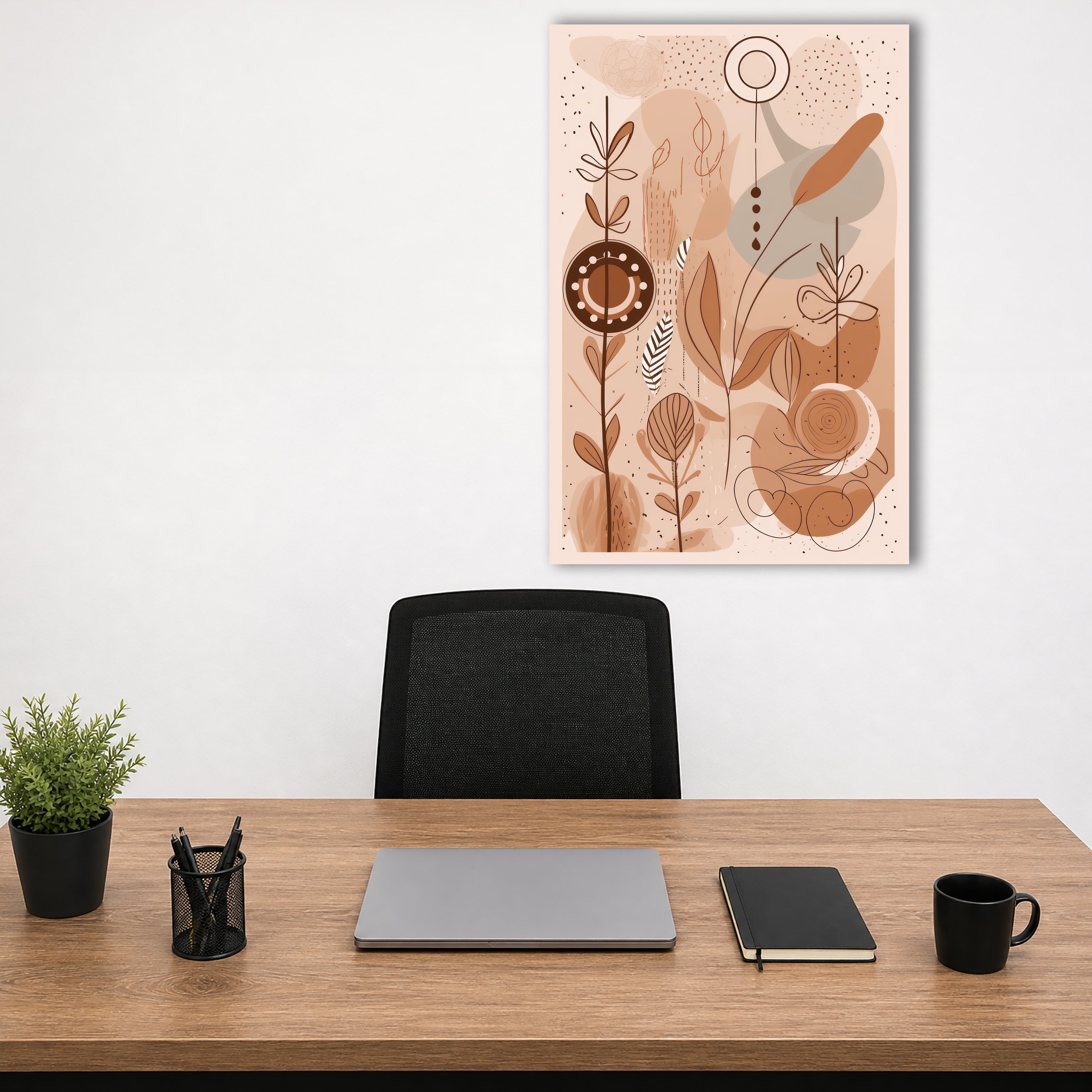Wandbild Boho Art Linienpflanzen Feder Spiralen Beige Terrakotta Kunstdruck auf Leinwand