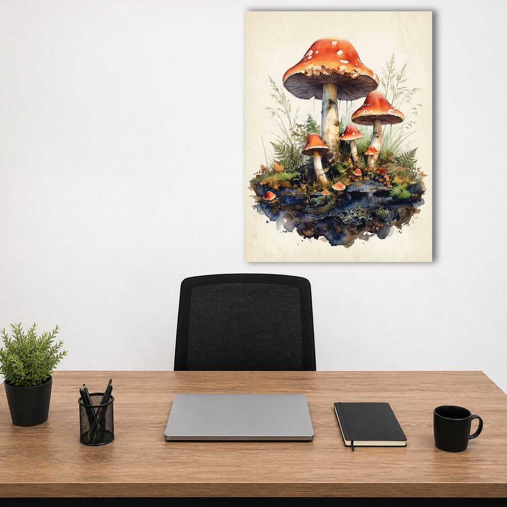 Wandbild Waldpilz Aquarell Fliegenpilze Gruppe Gräser Farne Beige Kunstdruck auf Leinwand