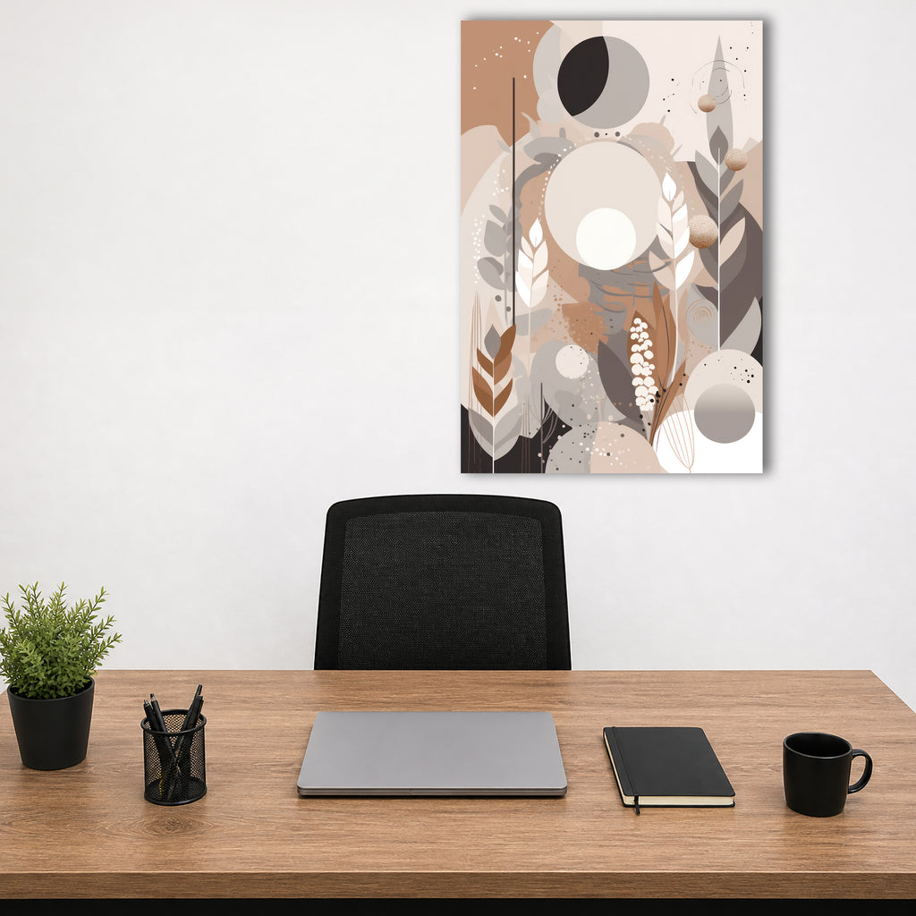 Wandbild Boho Art Mondphasen Blätter Abstrakt Beige Grau Kunstdruck auf Leinwand