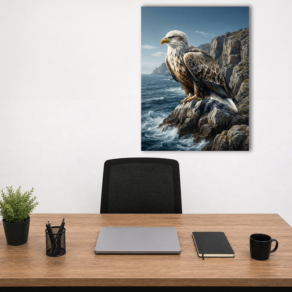 Wandbild Adler Sitzend Steilküste Klippen Meer Illustrationsstil Kunstdruck auf Leinwand