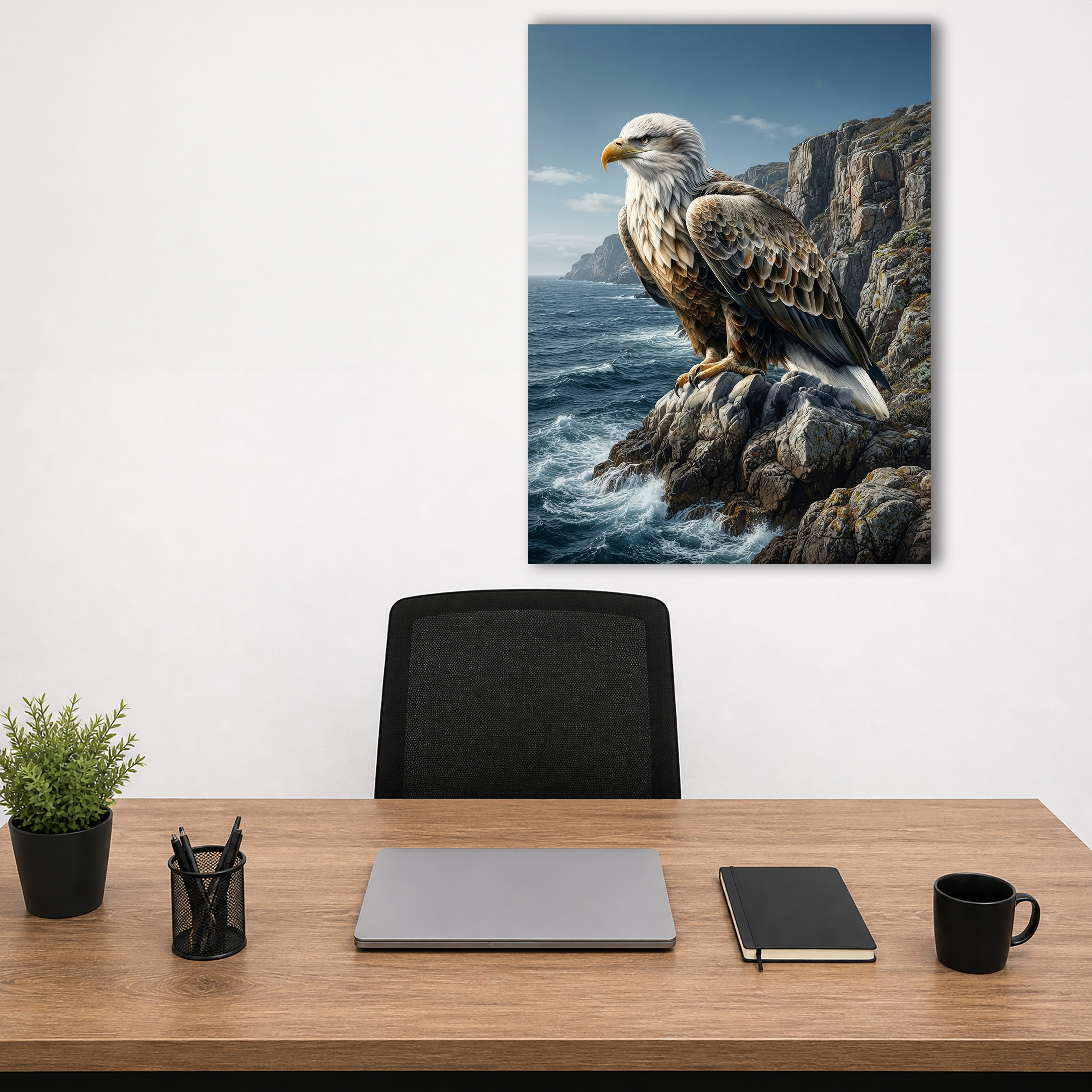 Wandbild Adler Sitzend Steilküste Klippen Meer Illustrationsstil Kunstdruck auf Leinwand