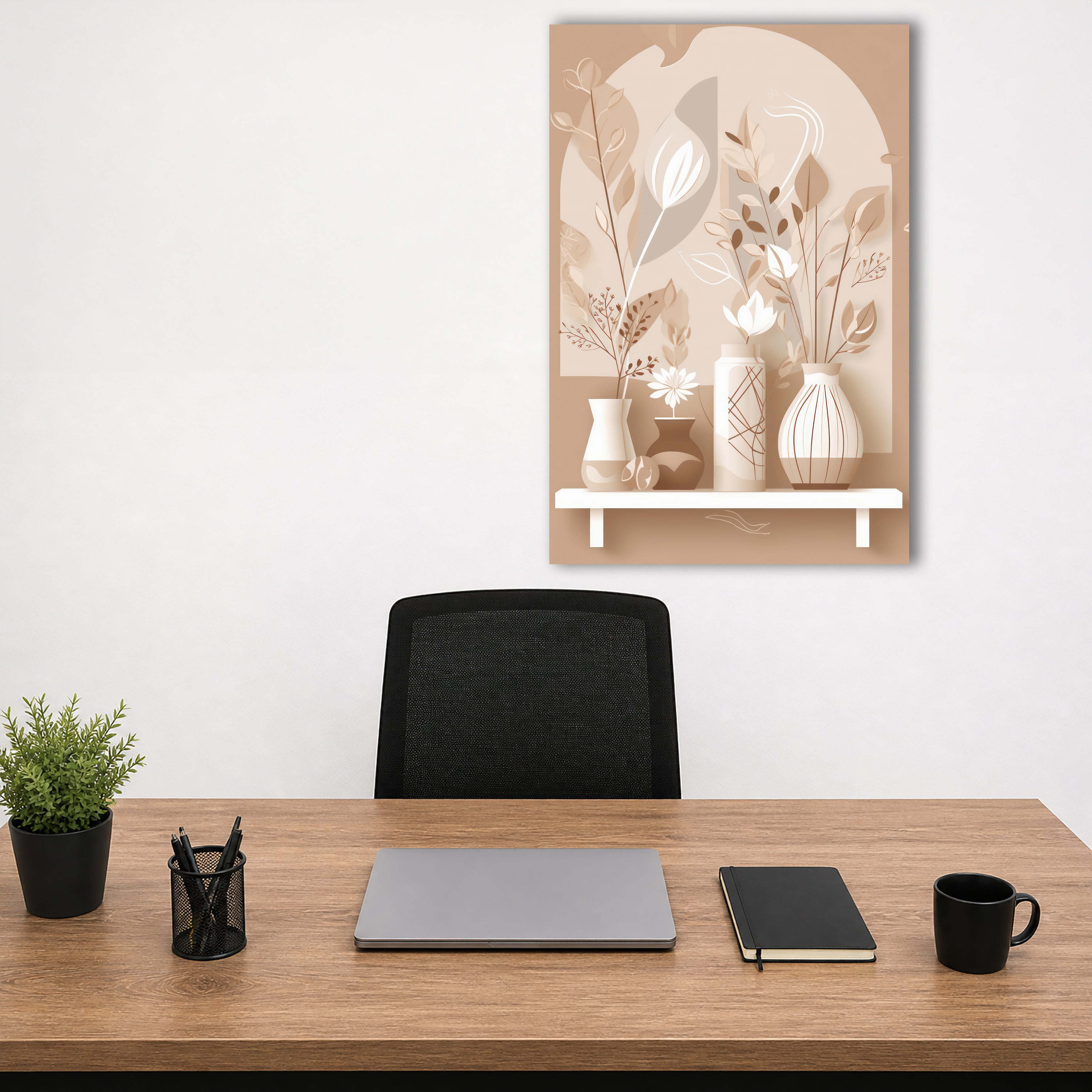 Wandbild Boho Art Vasen Stillleben Trockenblumen Beige Kunstdruck auf Leinwand