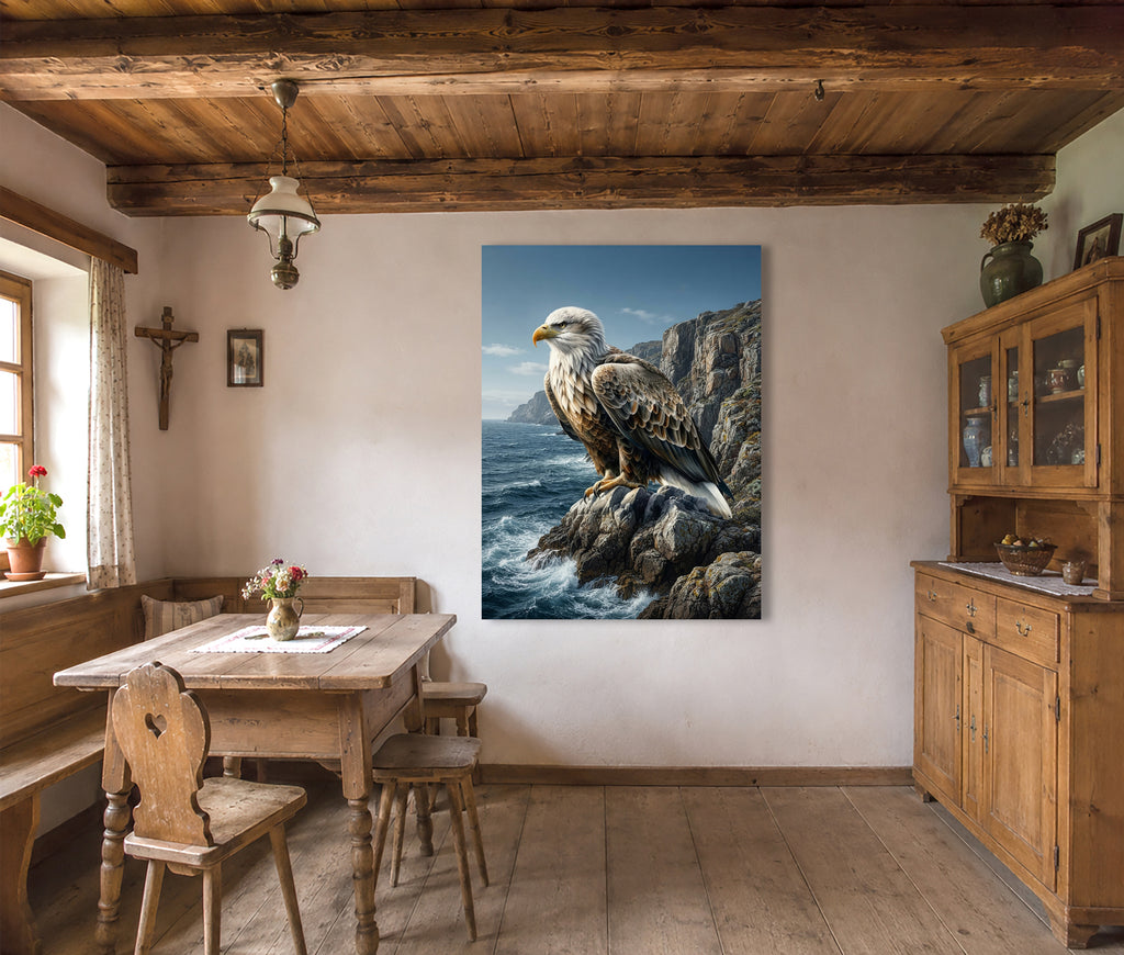 Wandbild Adler Sitzend Steilküste Klippen Meer Illustrationsstil Kunstdruck auf Leinwand