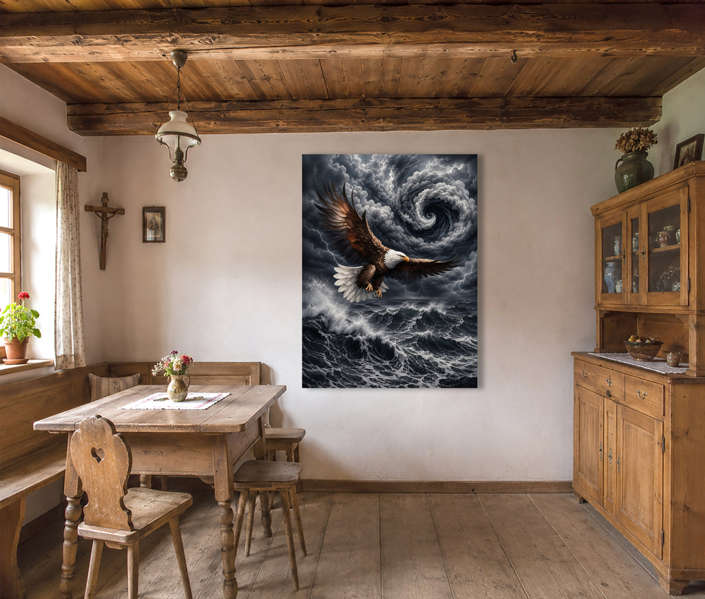 Wandbild Adler Seitenflug Wirbelsturm Blitze Hochsee Brandung Kunstdruck auf Leinwand