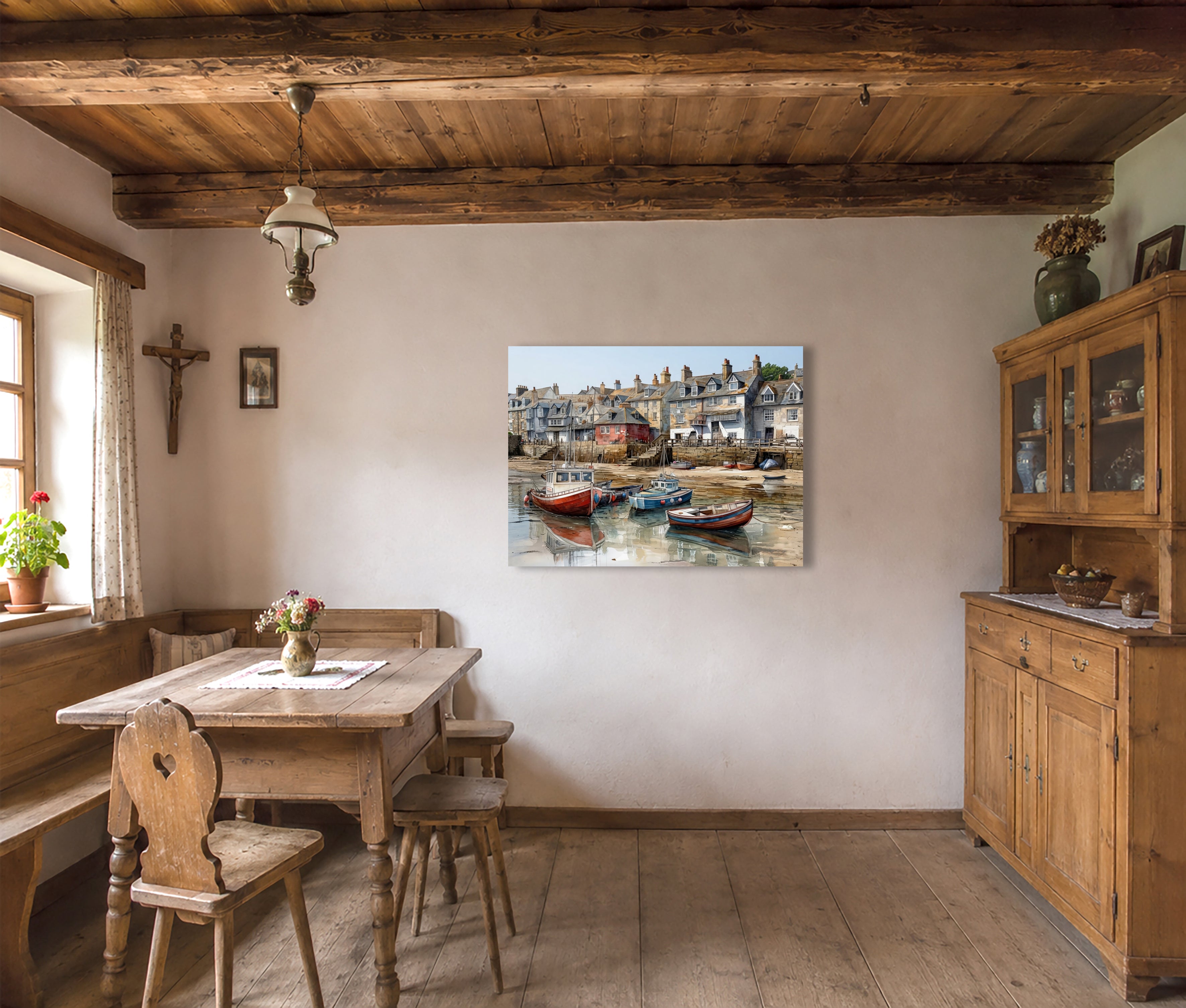 Wandbild Fischerboot Hafen Aquarell Ebbe Rotes Backsteinhaus Steintreppe Sandgrund Kunstdruck auf Leinwand