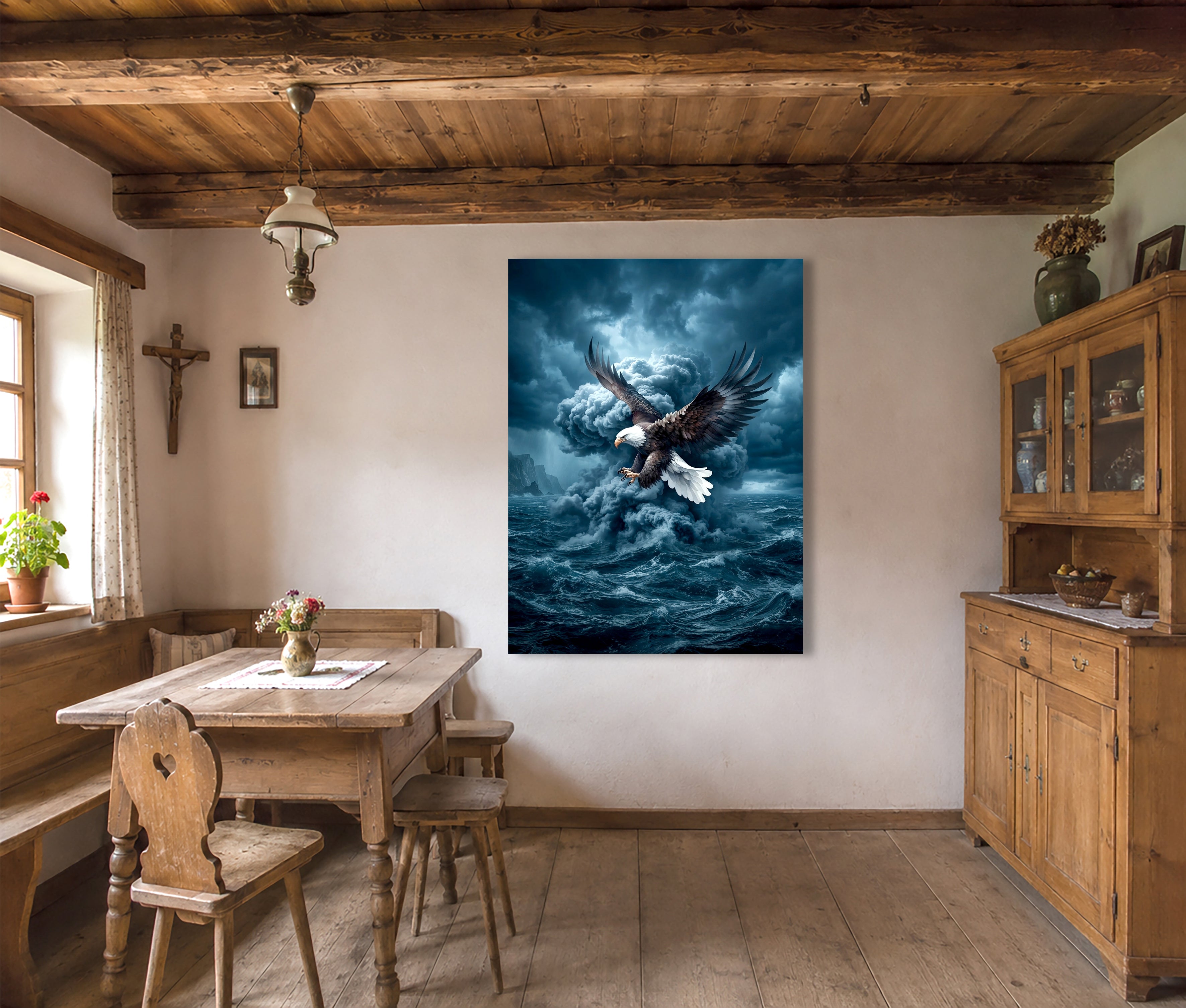 Wandbild Adler Seitenflug Sturmwolke Hochsee Brandung Blaue Stimmung Kunstdruck auf Leinwand