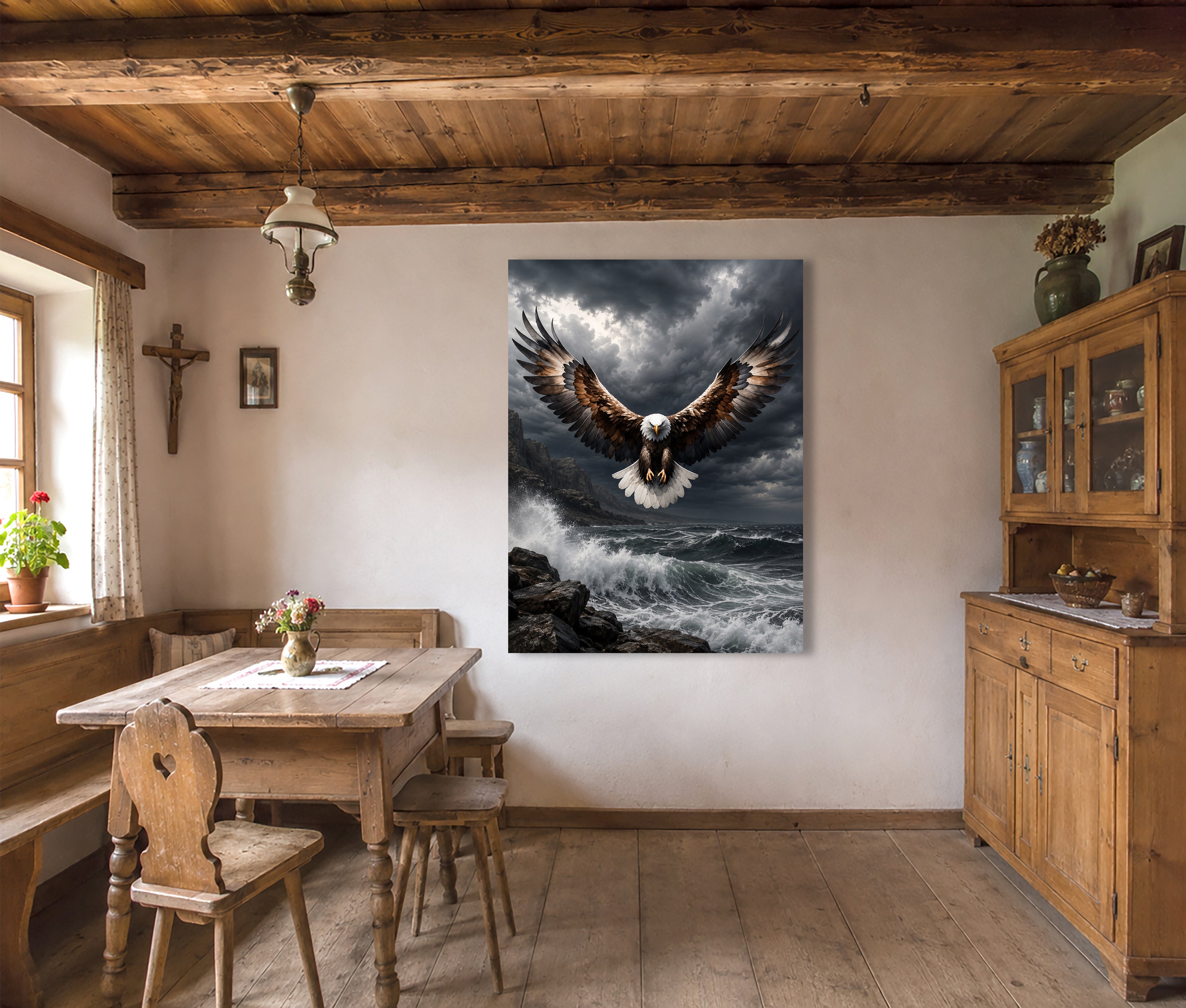 Wandbild Adler Frontalflug Sturmküste Felsen Brandung Kunstdruck auf Leinwand