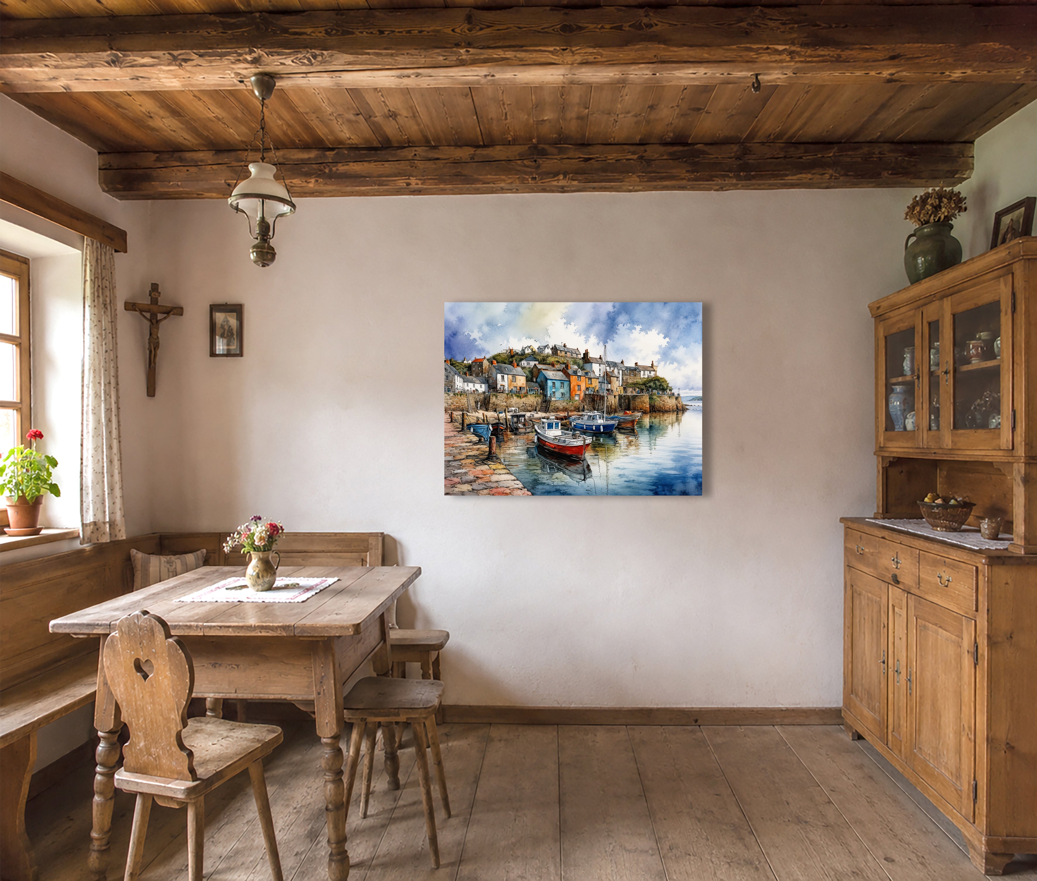 Wandbild Fischerboot Hafen Aquarell Bunte Häuser Kopfsteinpflaster Kunstdruck auf Leinwand