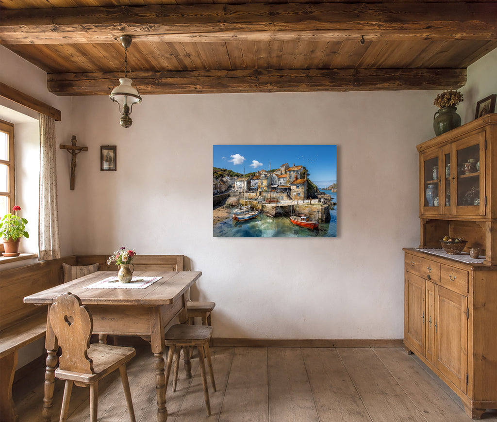 Wandbild Fischerboot Hafen Segelboot Felsvorsprung Leuchtturm Türkises Wasser Kunstdruck auf Leinwand