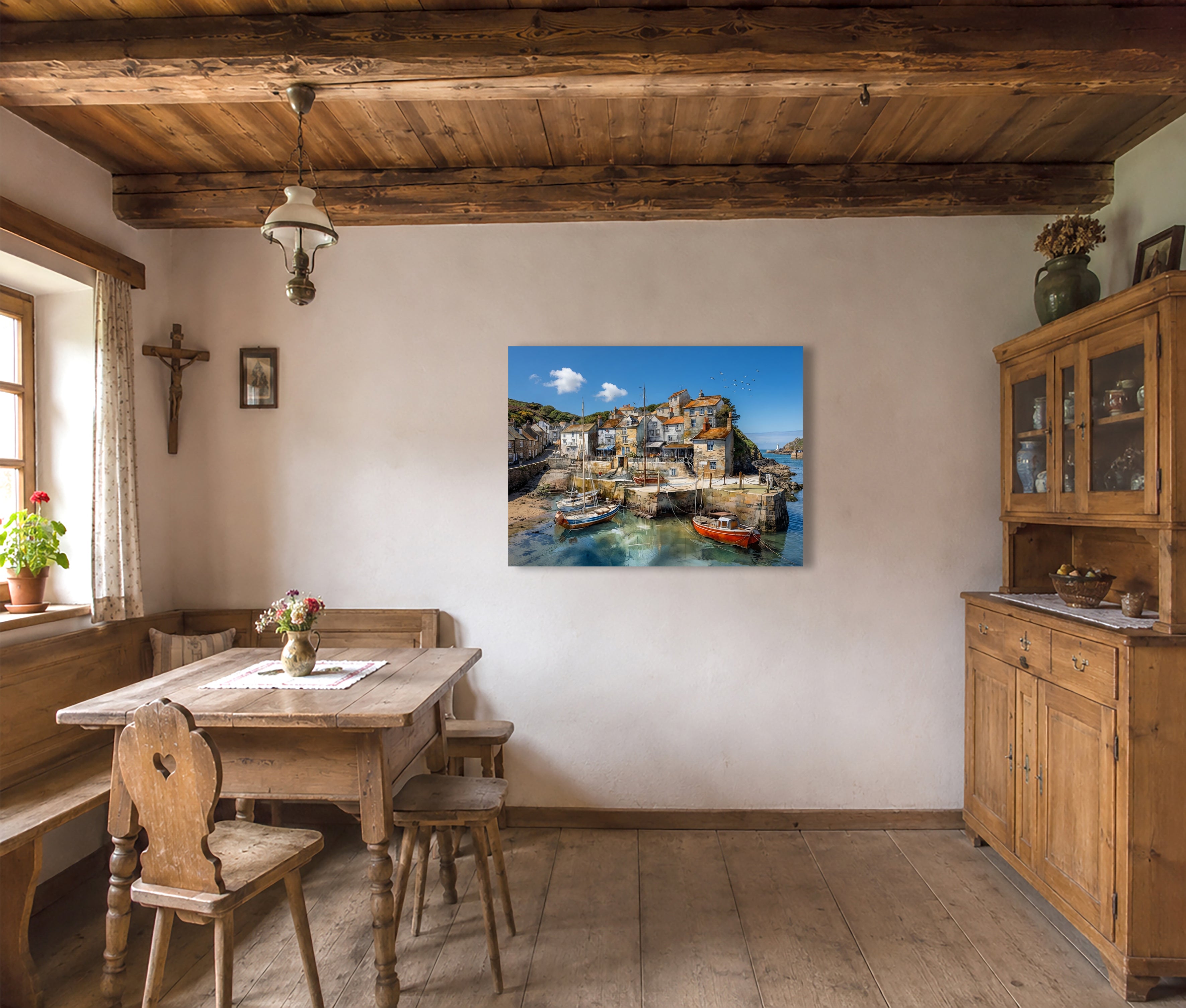 Wandbild Fischerboot Hafen Segelboot Felsvorsprung Leuchtturm Türkises Wasser Kunstdruck auf Leinwand