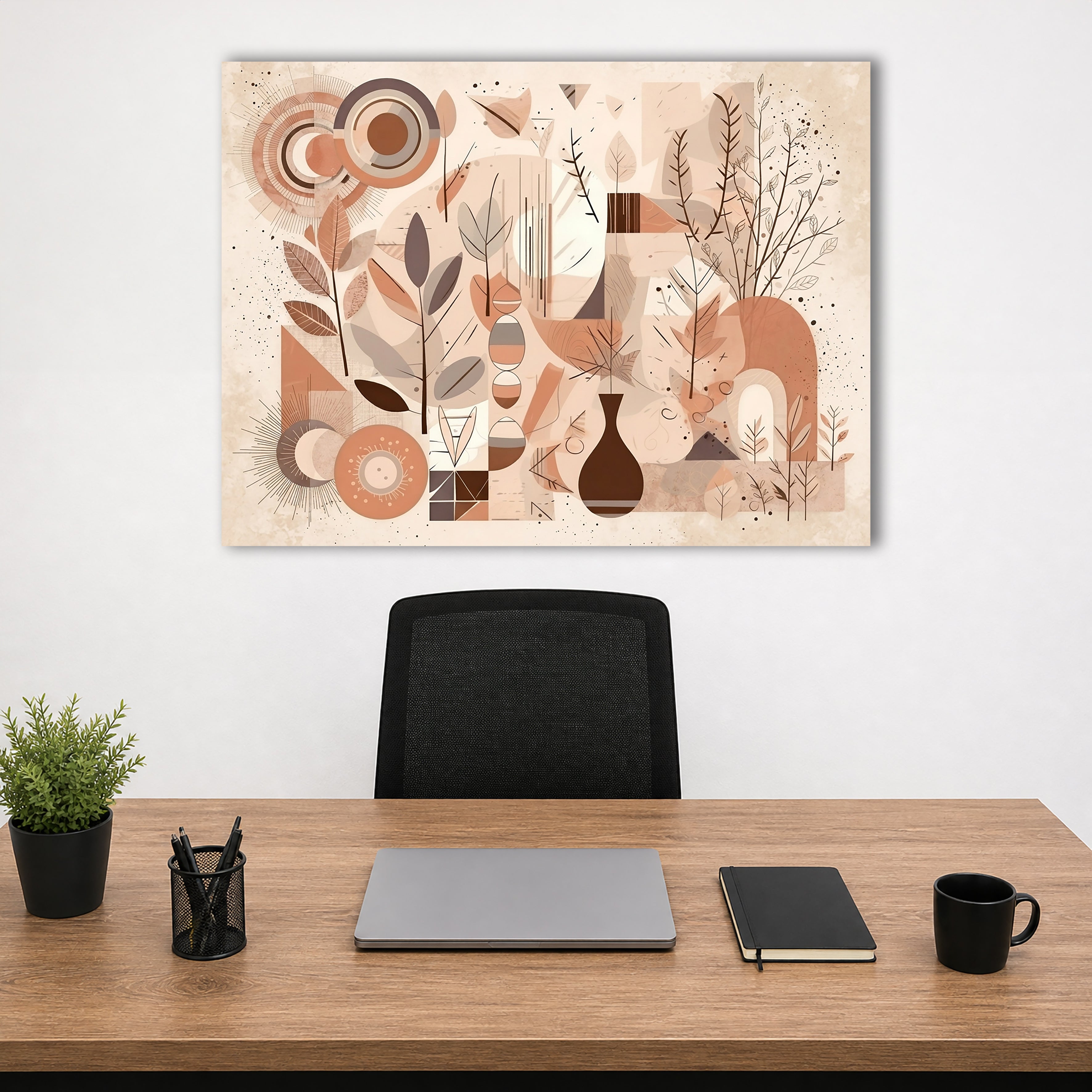 Wandbild Boho Art Abstrakt Collage Fuchs Vase Zweige Beige Rosa Illustrationsstil Kunstdruck auf Leinwand