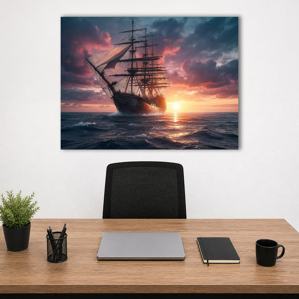 Wandbild Segelschiff Antik Vollschiff Sonnenuntergang Gegenlicht Dramatische Wolken Kunstdruck auf Leinwand