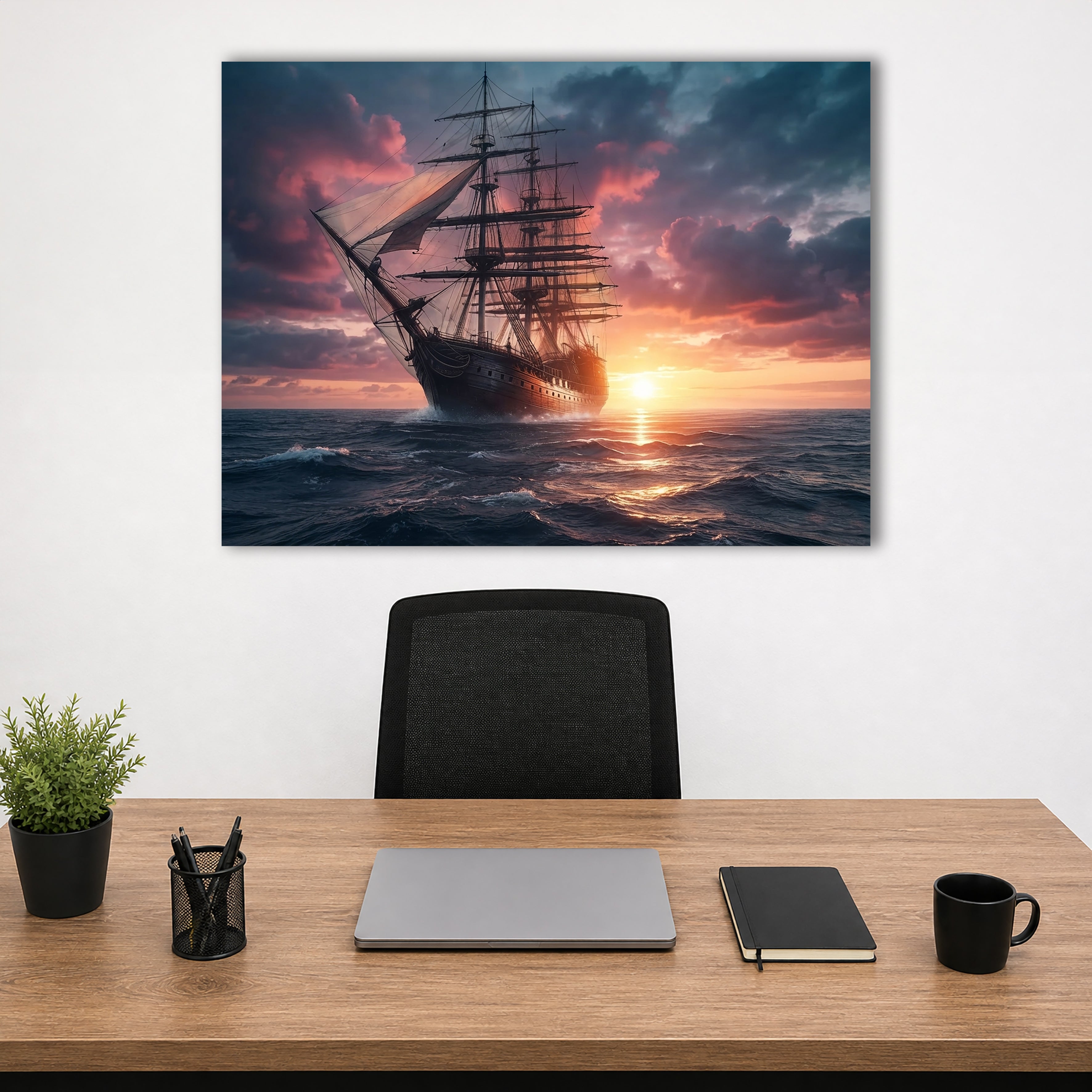 Wandbild Segelschiff Antik Vollschiff Sonnenuntergang Gegenlicht Dramatische Wolken Kunstdruck auf Leinwand