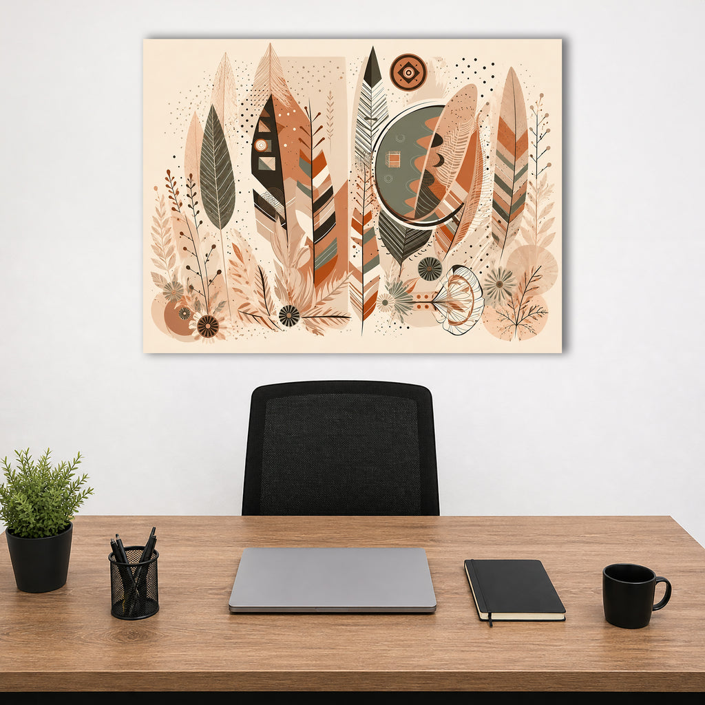 Wandbild Boho Art Federn Geometrisch Mond Terrakotta Grau Illustrationsstil Kunstdruck auf Leinwand