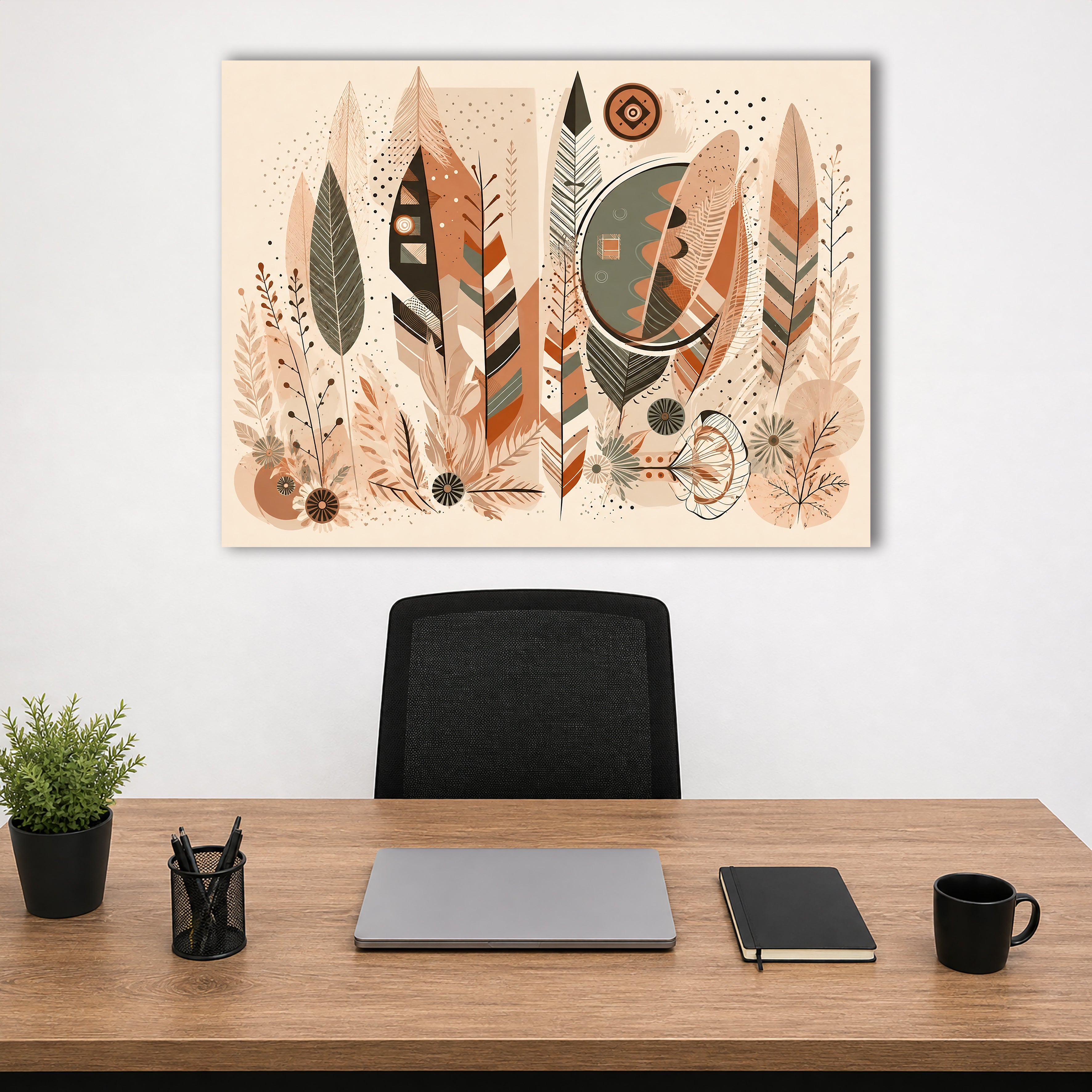 Wandbild Boho Art Federn Geometrisch Mond Terrakotta Grau Illustrationsstil Kunstdruck auf Leinwand