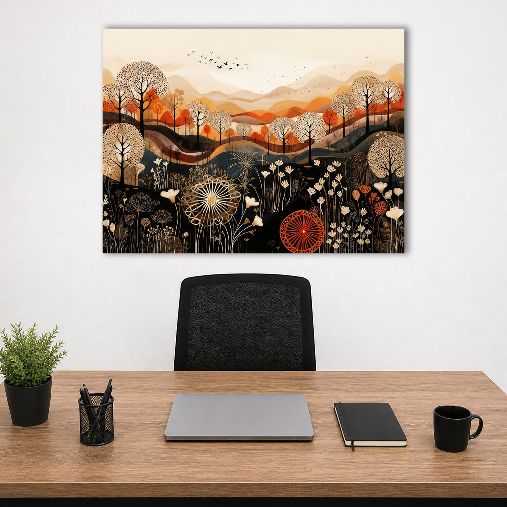 Wandbild Boho Art Herbstlandschaft Wildblumen Wellen Illustrationsstil Kunstdruck auf Leinwand