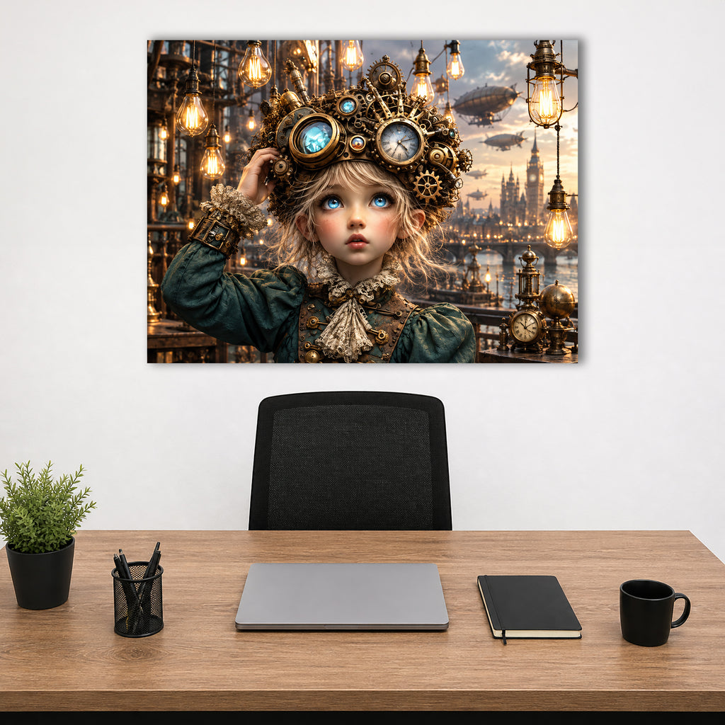 Kleine Steampunk-Erfinderin – Fantasie Wandbild fürs Kinderzimmer