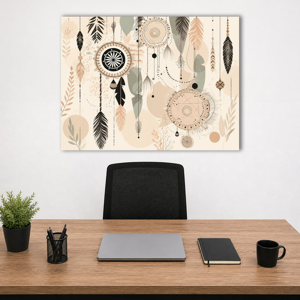 Wandbild Boho Art Traumfänger Federn Perlen Beige Schwarz Aquarell Illustrationsstil Kunstdruck auf Leinwand