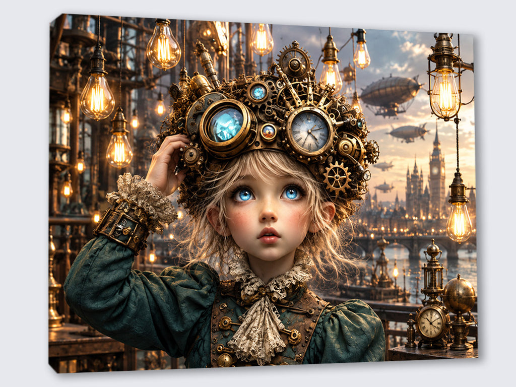 Kleine Steampunk-Erfinderin – Fantasie Wandbild fürs Kinderzimmer