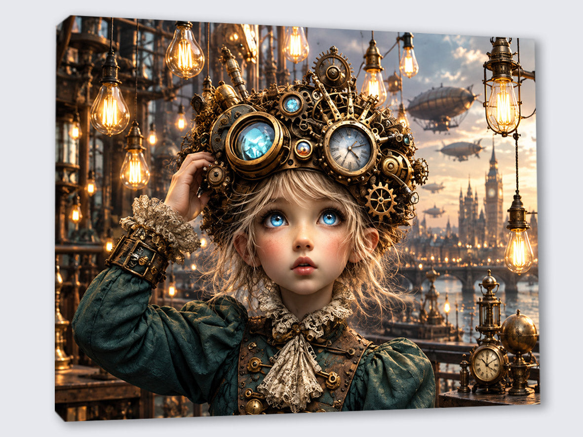 Kleine Steampunk-Erfinderin – Fantasie Wandbild fürs Kinderzimmer