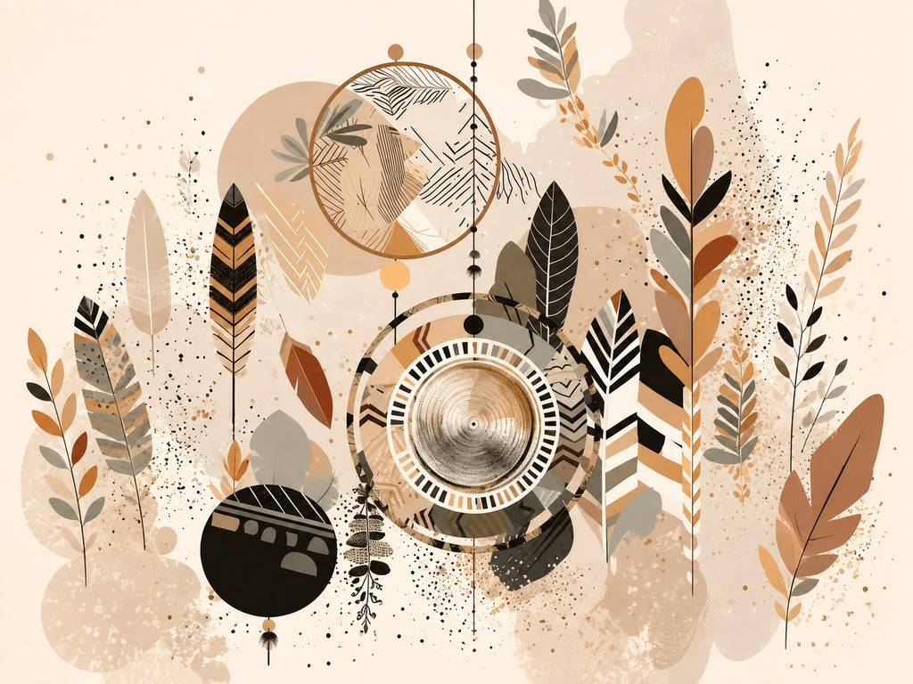 Wandbild Boho Art Traumfänger Federn Blätter Goldene Kreise Beige Schwarz Illustrationsstil Kunstdruck auf Leinwand