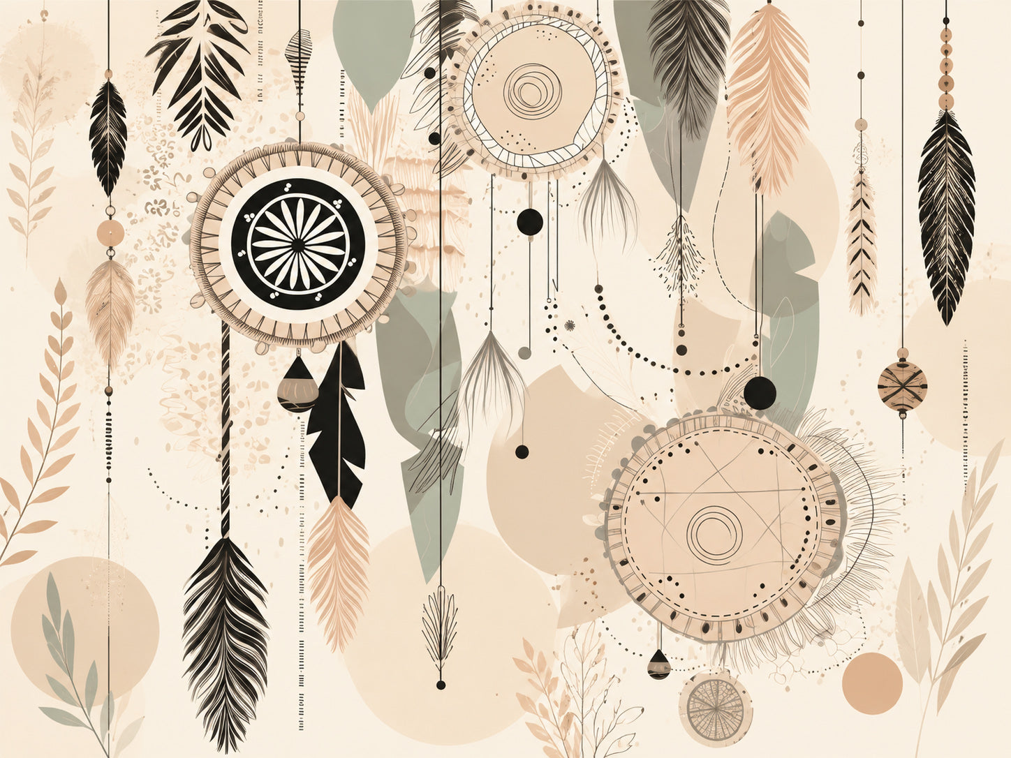 Wandbild Boho Art Traumfänger Federn Perlen Beige Schwarz Aquarell Illustrationsstil Kunstdruck auf Leinwand