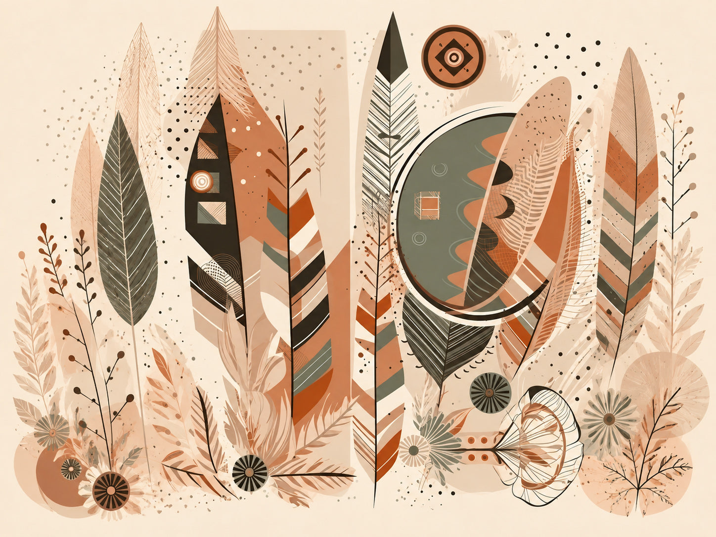 Wandbild Boho Art Federn Geometrisch Mond Terrakotta Grau Illustrationsstil Kunstdruck auf Leinwand