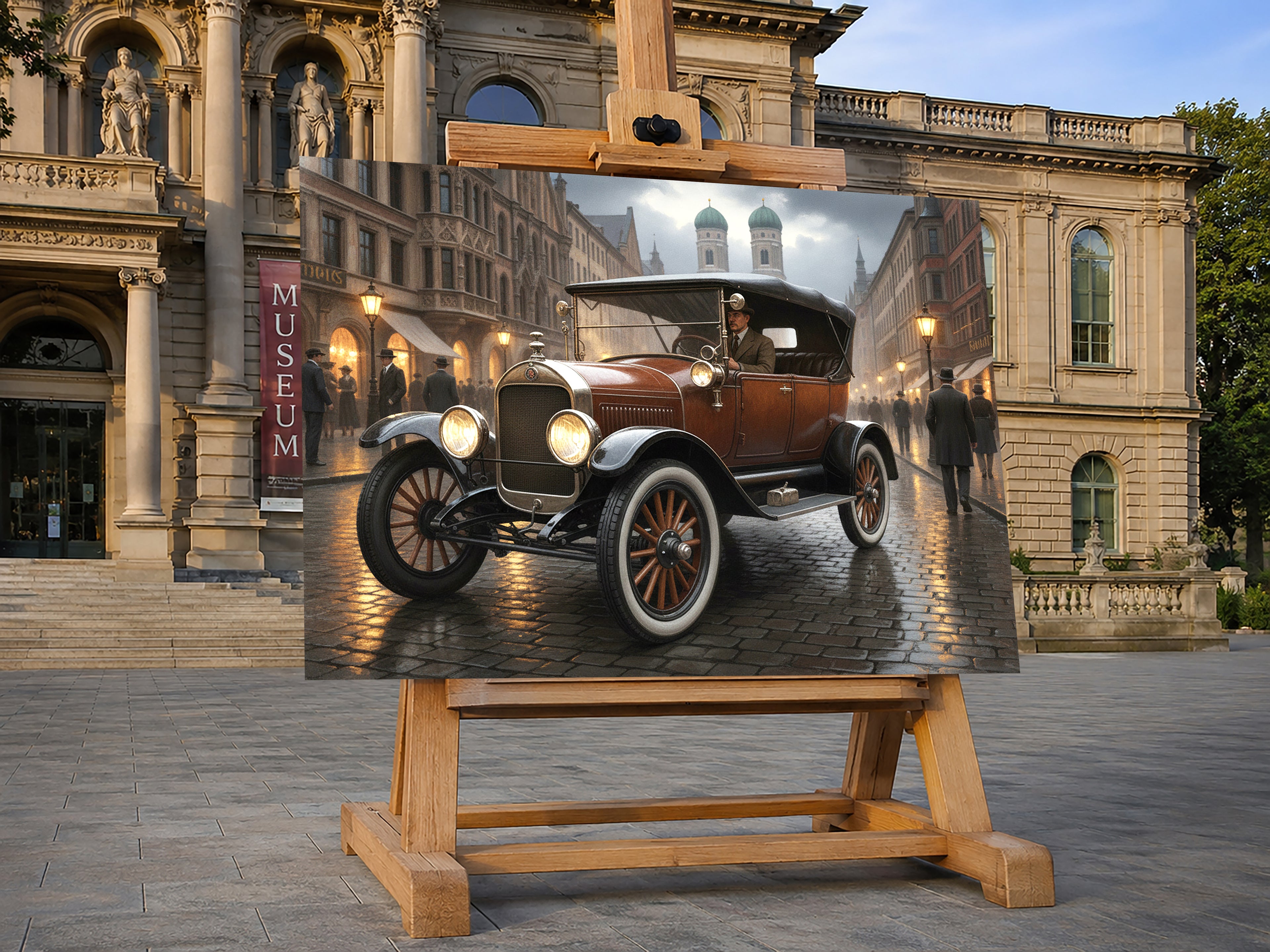 Wandbild Oldtimer Brauner Tourenwagen Fahrer München Frauenkirche Kaiserzeit Kunstdruck auf Leinwand
