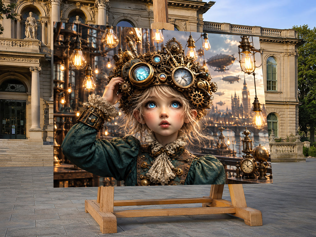 Kleine Steampunk-Erfinderin – Fantasie Wandbild fürs Kinderzimmer