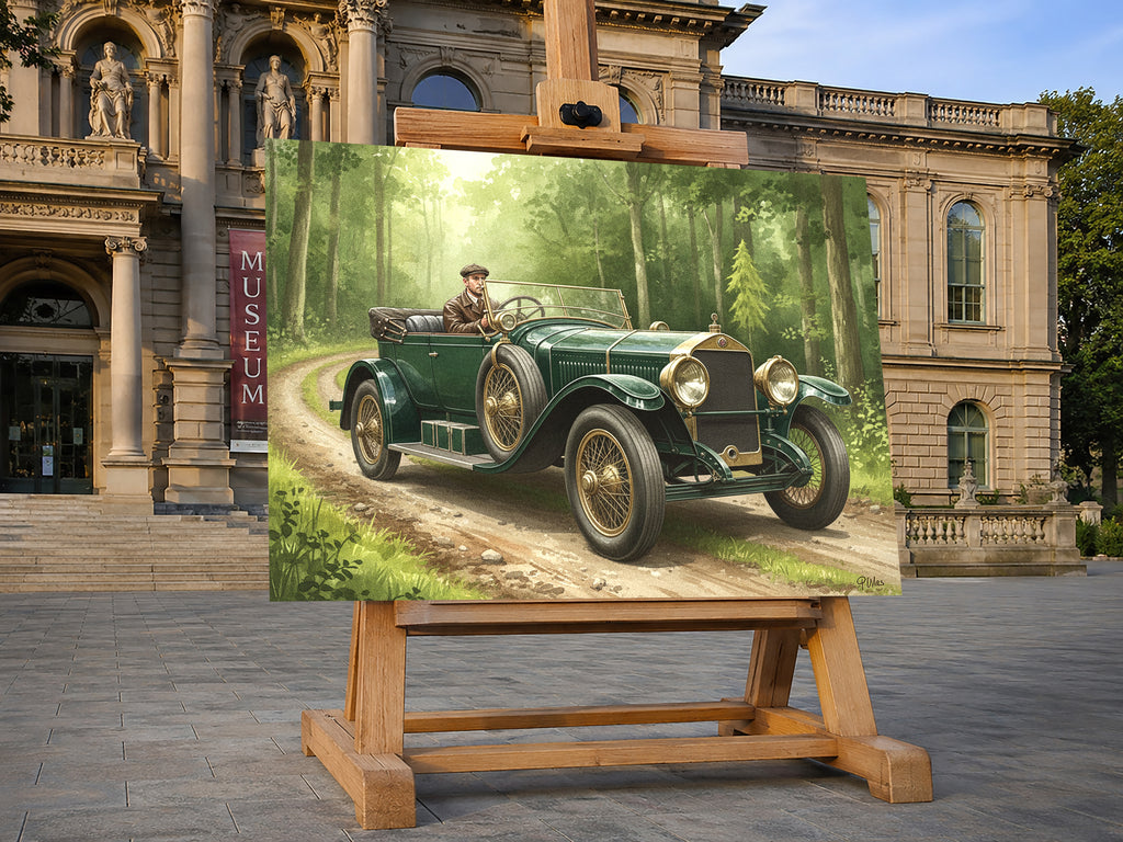 Wandbild Oldtimer Grüner Tourenwagen Fahrer Waldweg Sonnenlicht Kunstdruck auf Leinwand