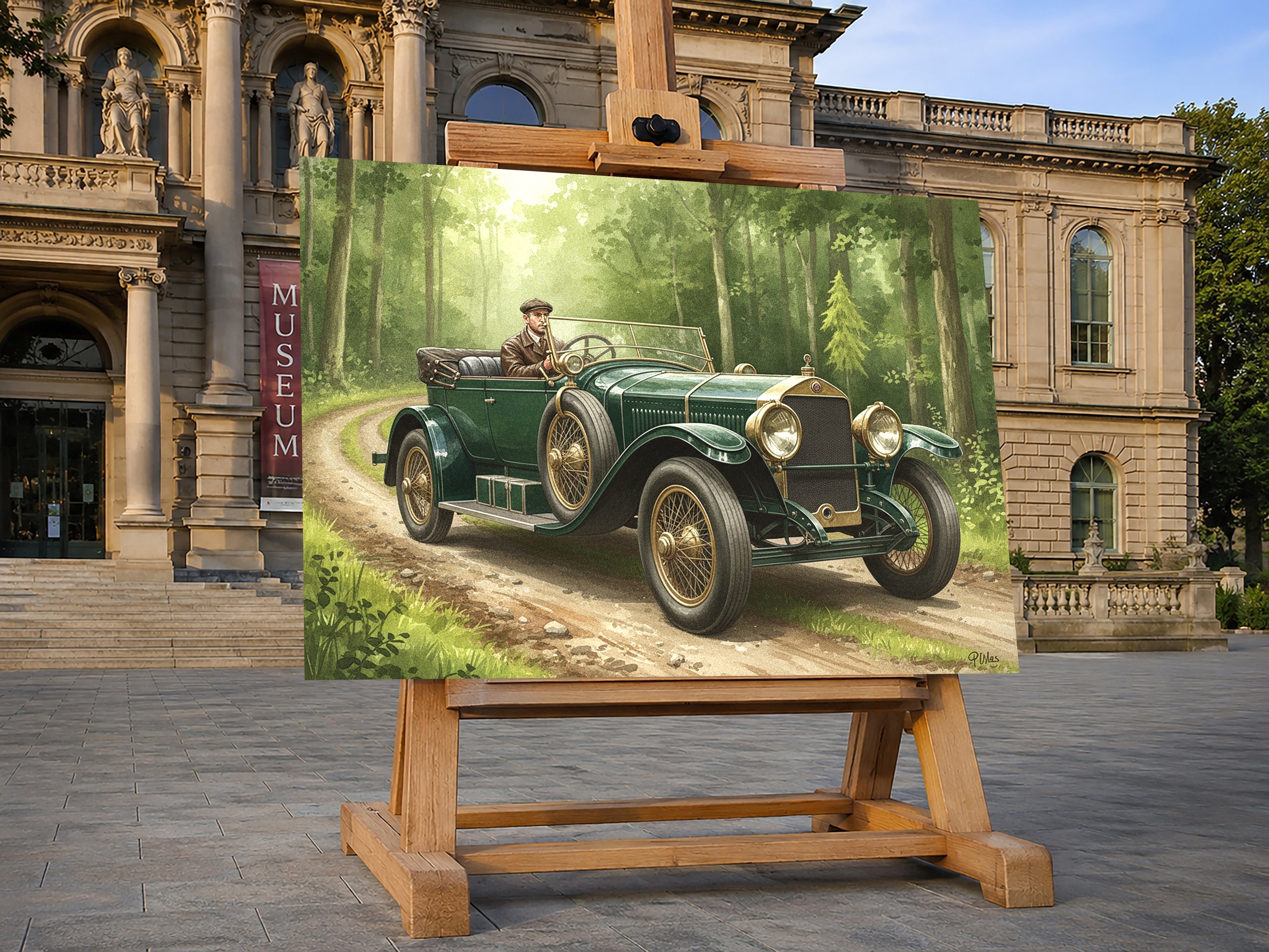 Wandbild Oldtimer Grüner Tourenwagen Fahrer Waldweg Sonnenlicht Kunstdruck auf Leinwand