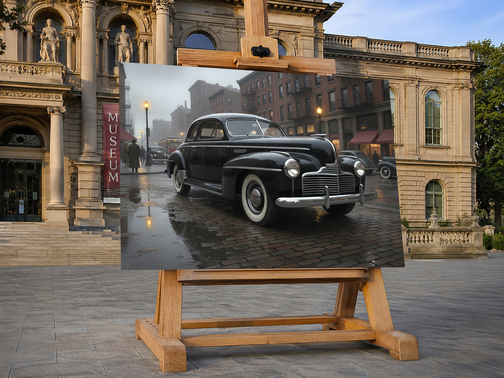 Wandbild Oldtimer Schwarzer Coupé Film Noir Regennacht New York Kopfsteinpflaster Kunstdruck auf Leinwand