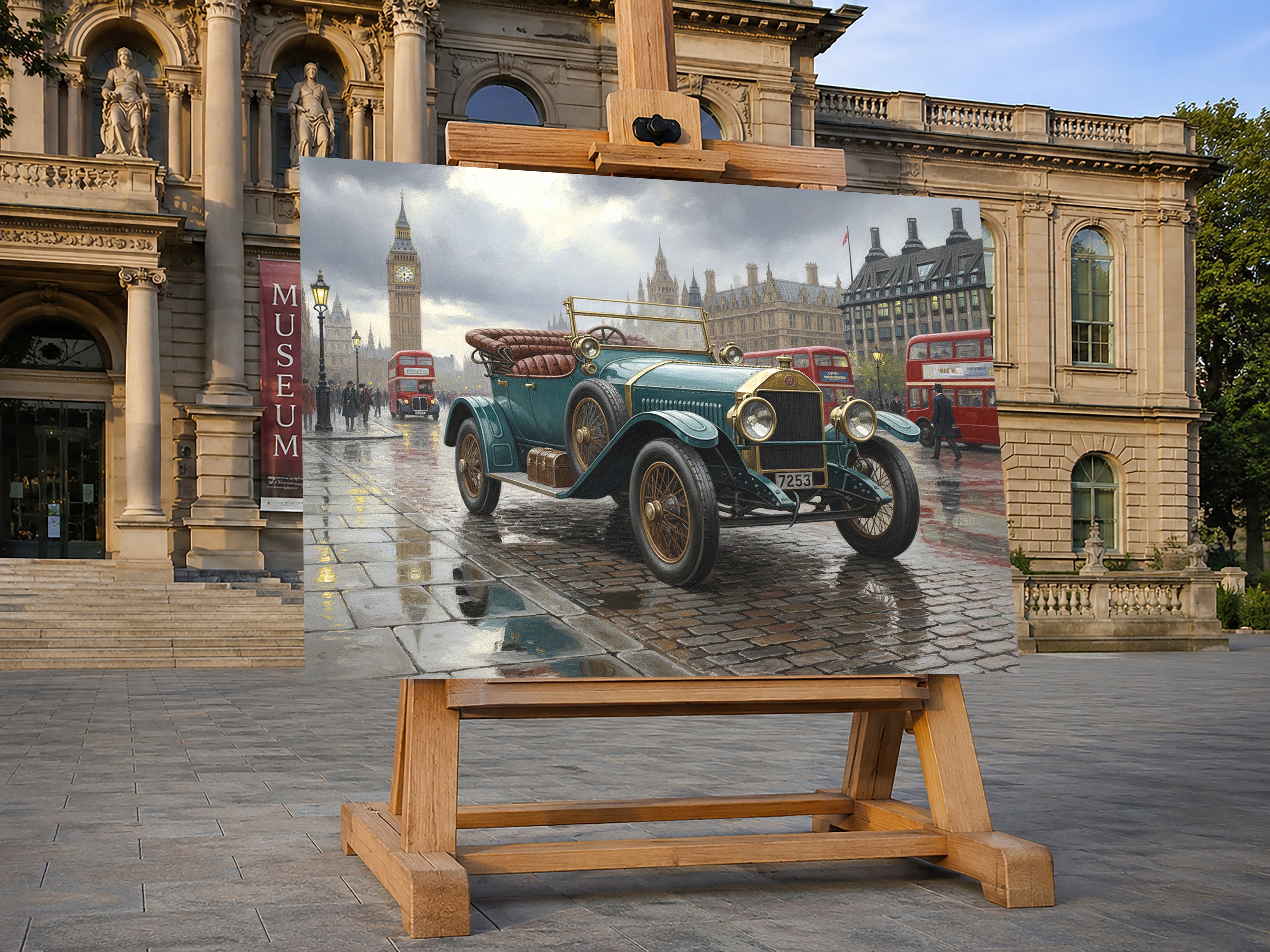 Wandbild Oldtimer Roter Cabriolet Art Déco Paris Eiffelturm Abendlicht Kunstdruck auf Leinwand